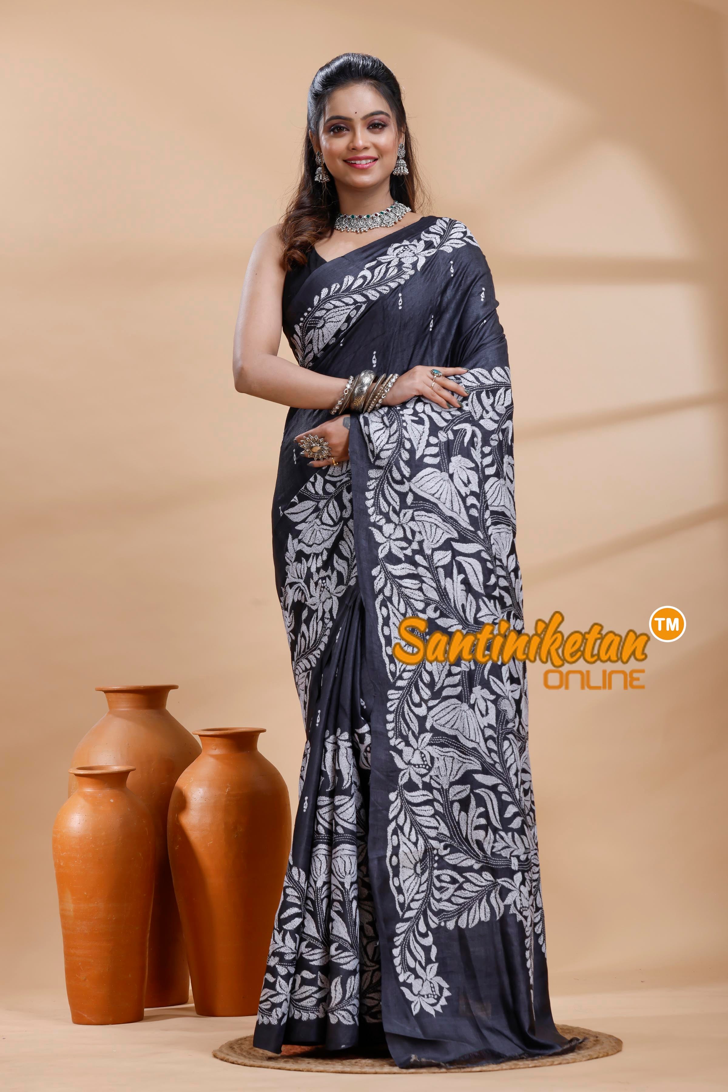 Dye Pure Gachi Tussar Silk Kantha Stitch Saree