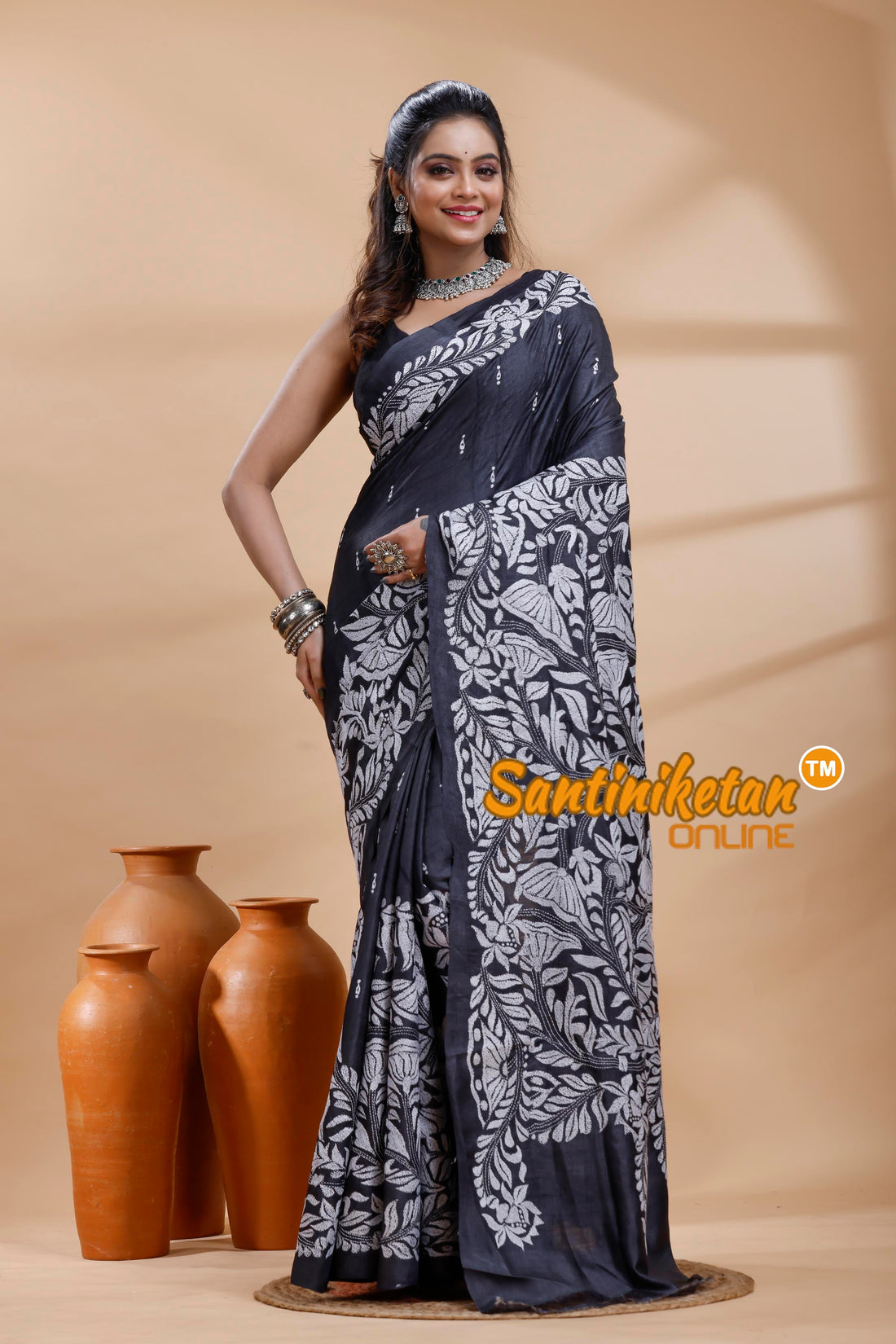Dye Pure Gachi Tussar Silk Kantha Stitch Saree