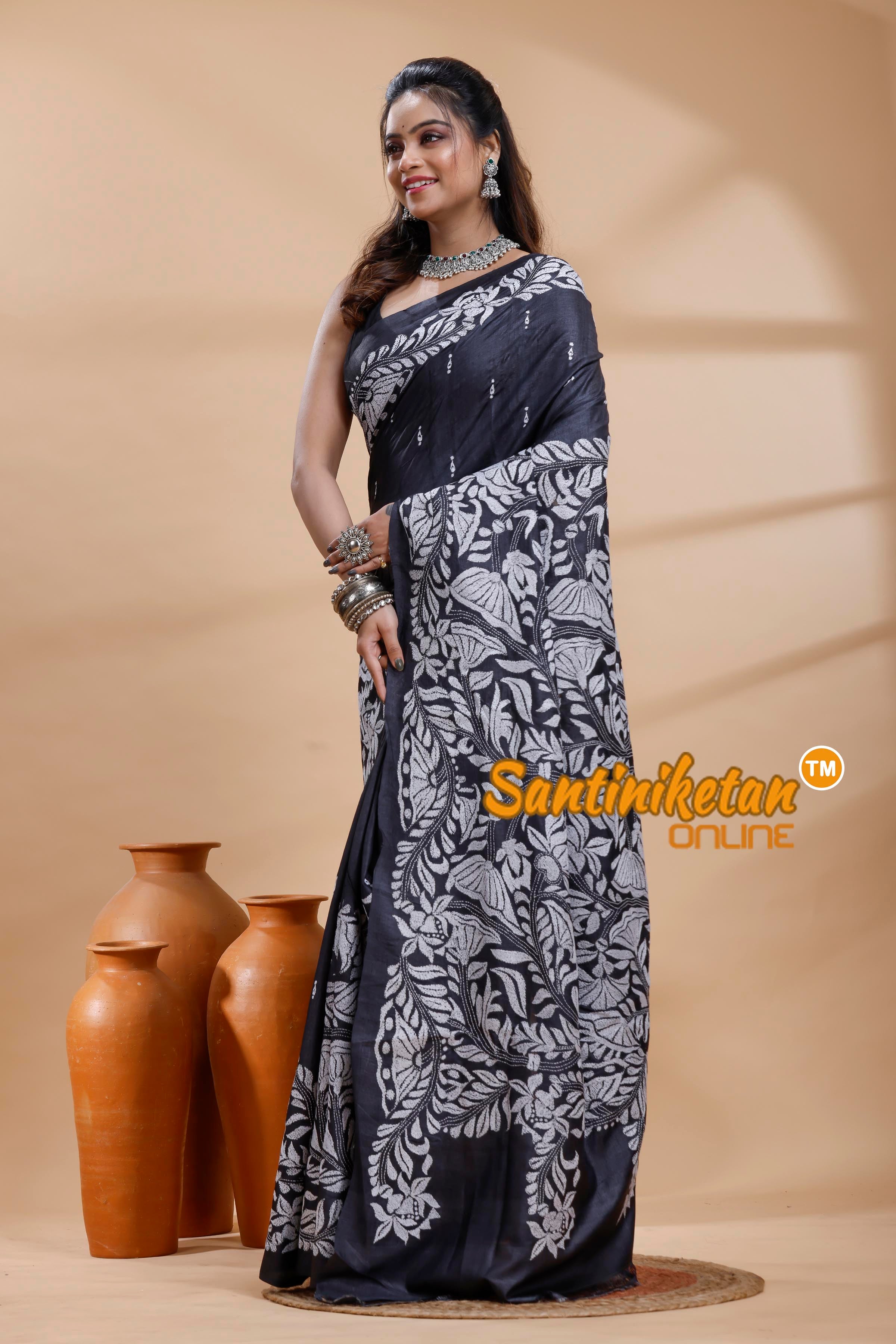 Dye Pure Gachi Tussar Silk Kantha Stitch Saree