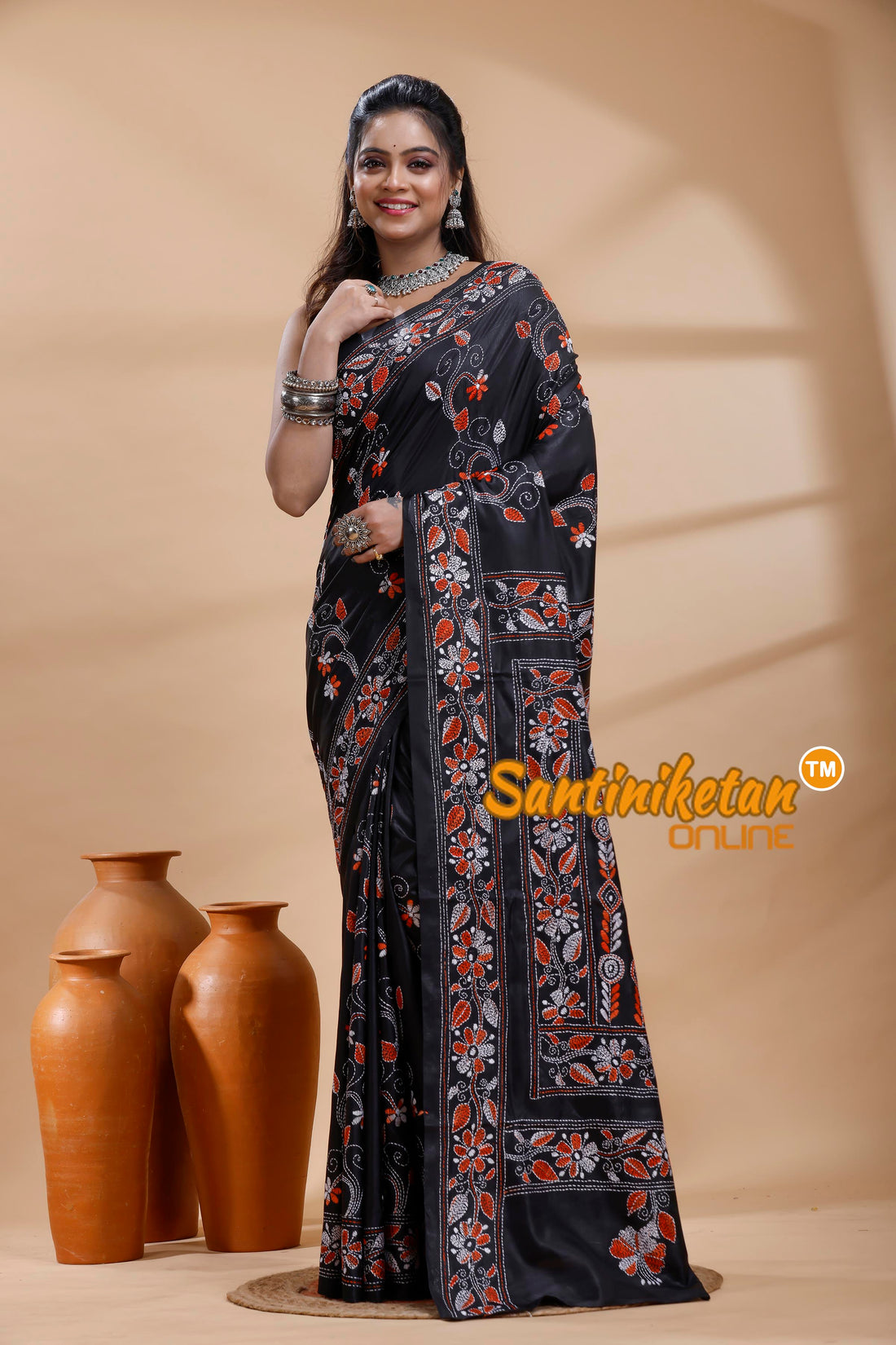 Bangalore Silk Kantha Stitch Saree