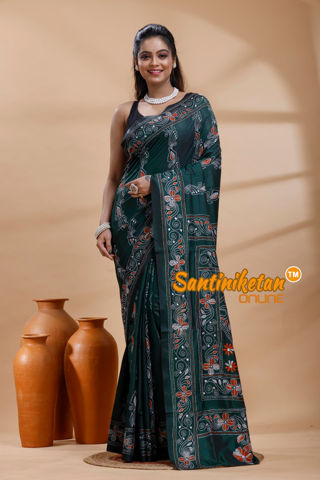 Bangalore Silk Kantha Stitch Saree