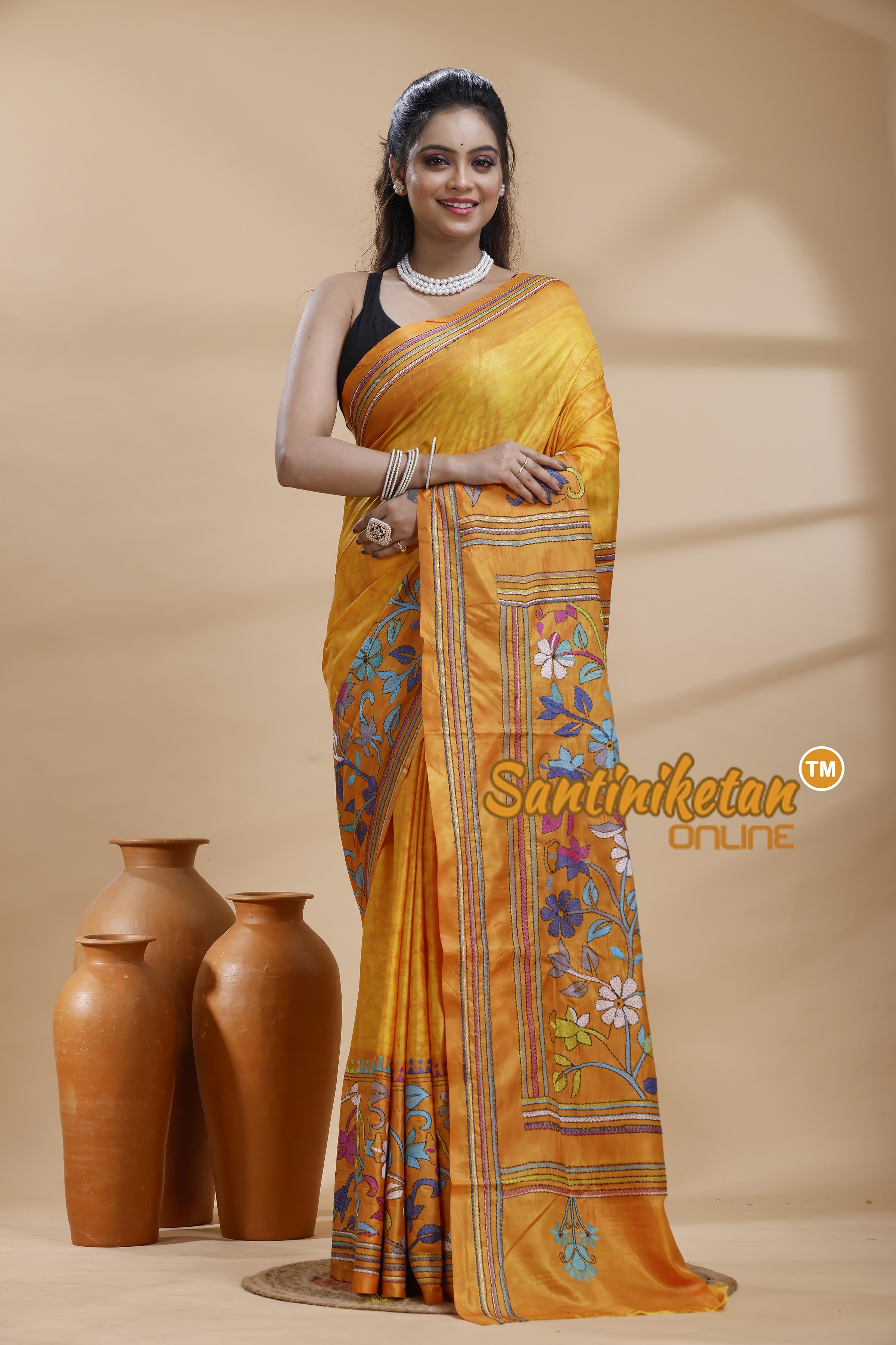 Bangalore Silk Batik Kantha Stitch Saree