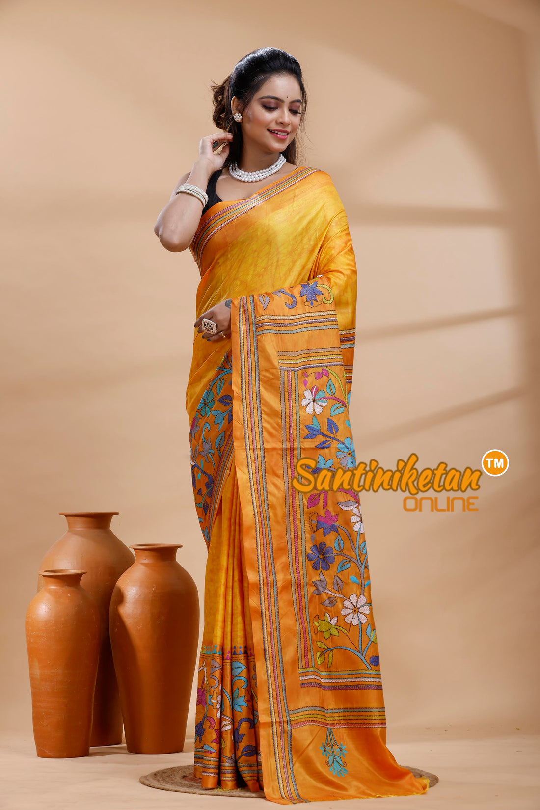 Bangalore Silk Batik Kantha Stitch Saree