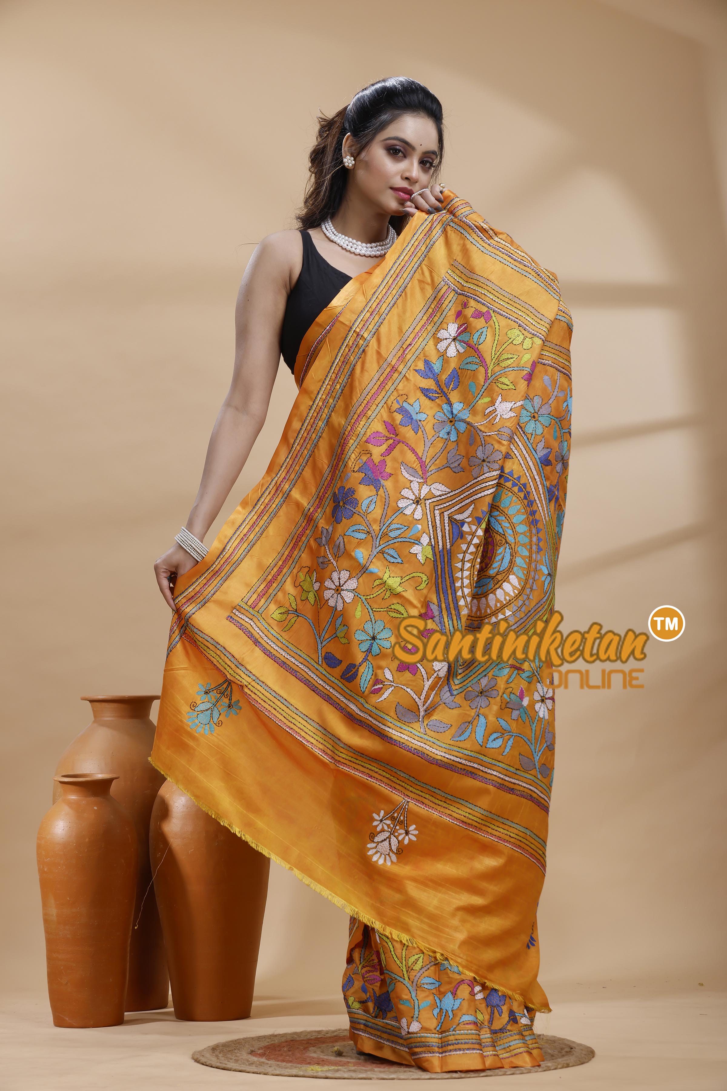 Bangalore Silk Batik Kantha Stitch Saree