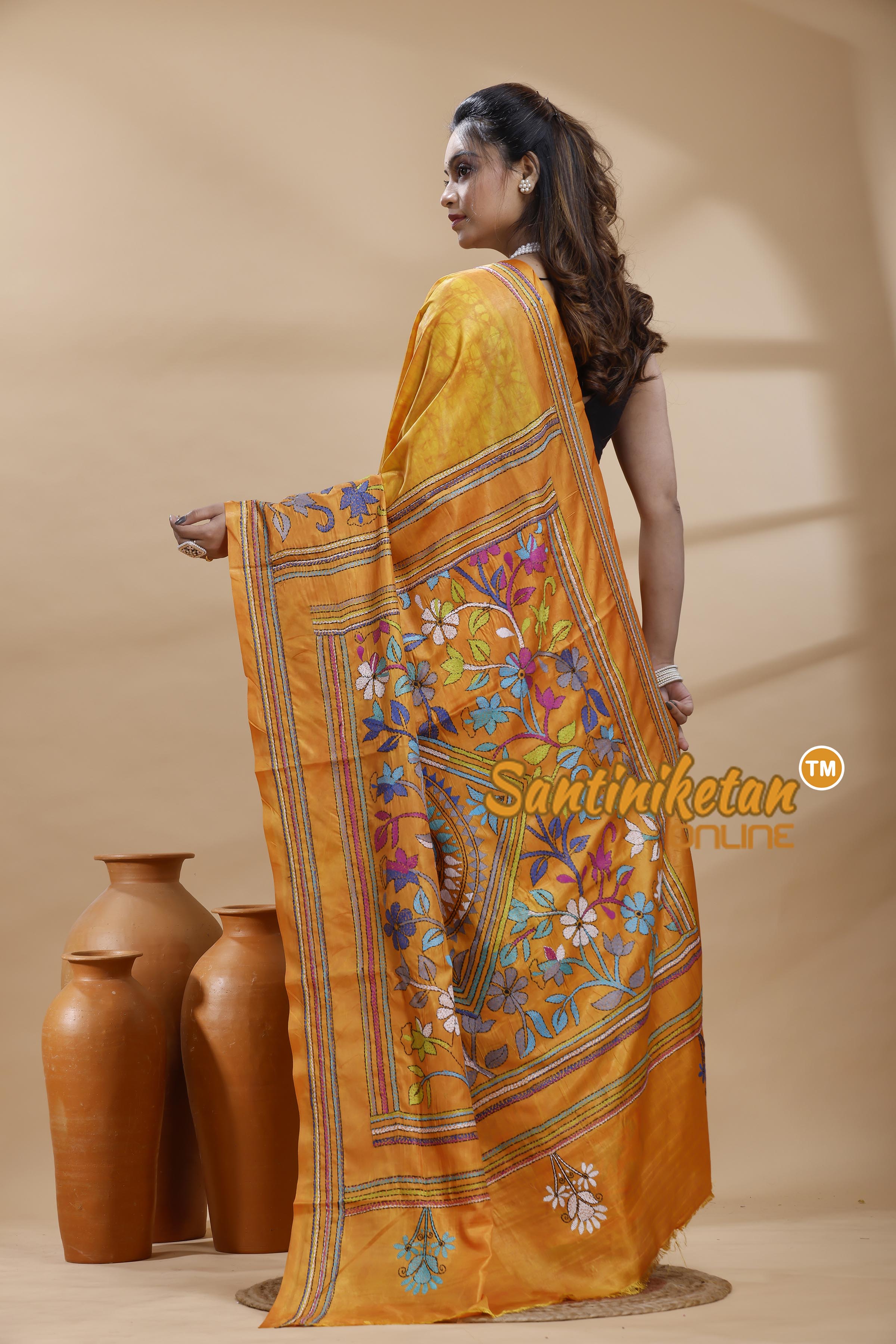 Bangalore Silk Batik Kantha Stitch Saree