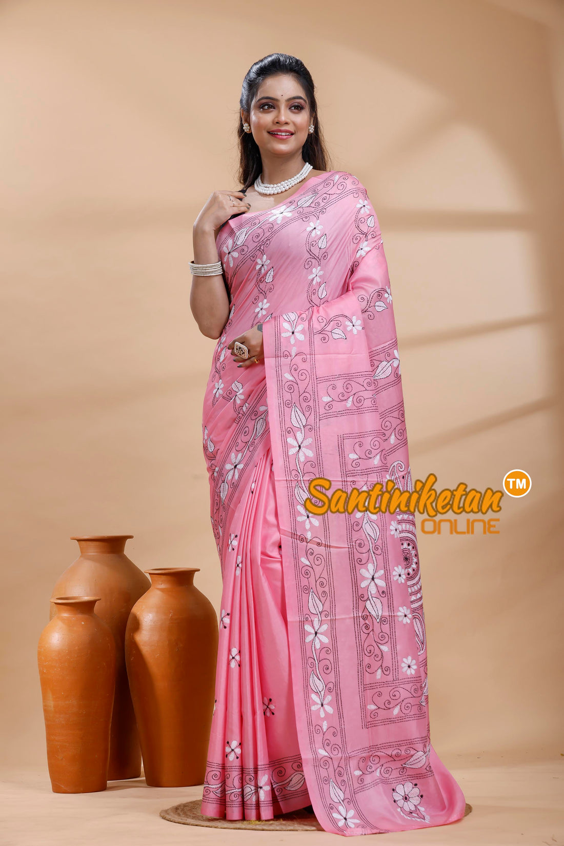 Bangalore Silk Kantha Stitch Saree