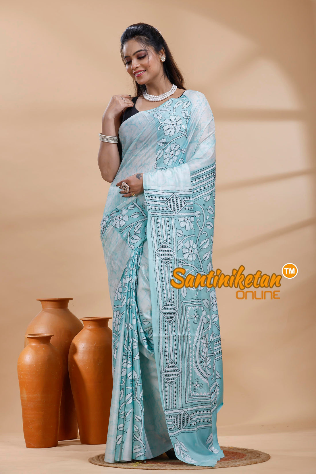 Bangalore Silk Batik Kantha Stitch Saree