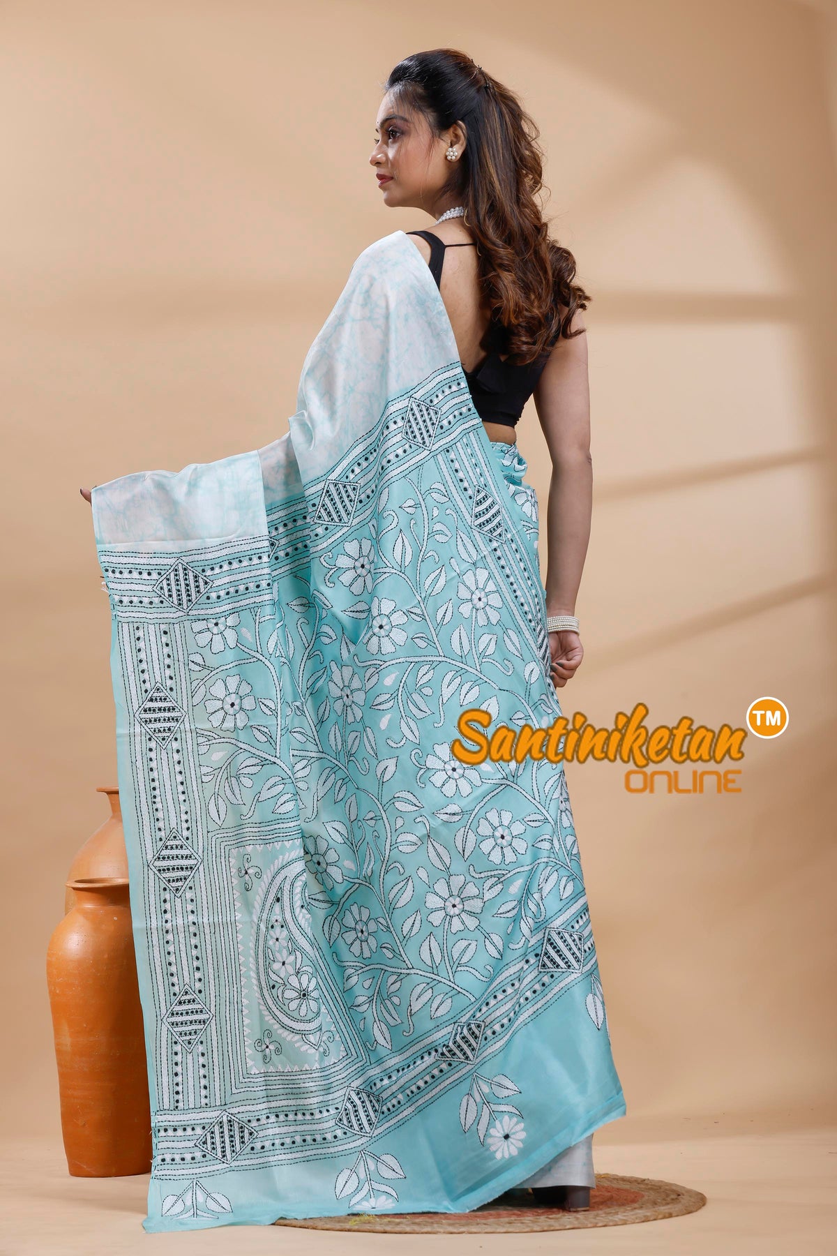 Bangalore Silk Batik Kantha Stitch Saree