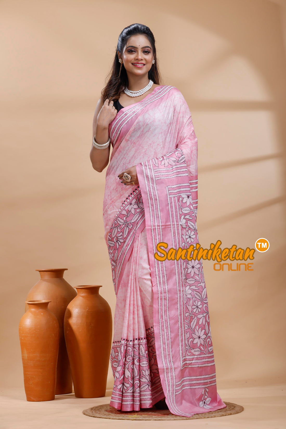 Bangalore Silk Batik Kantha Stitch Saree