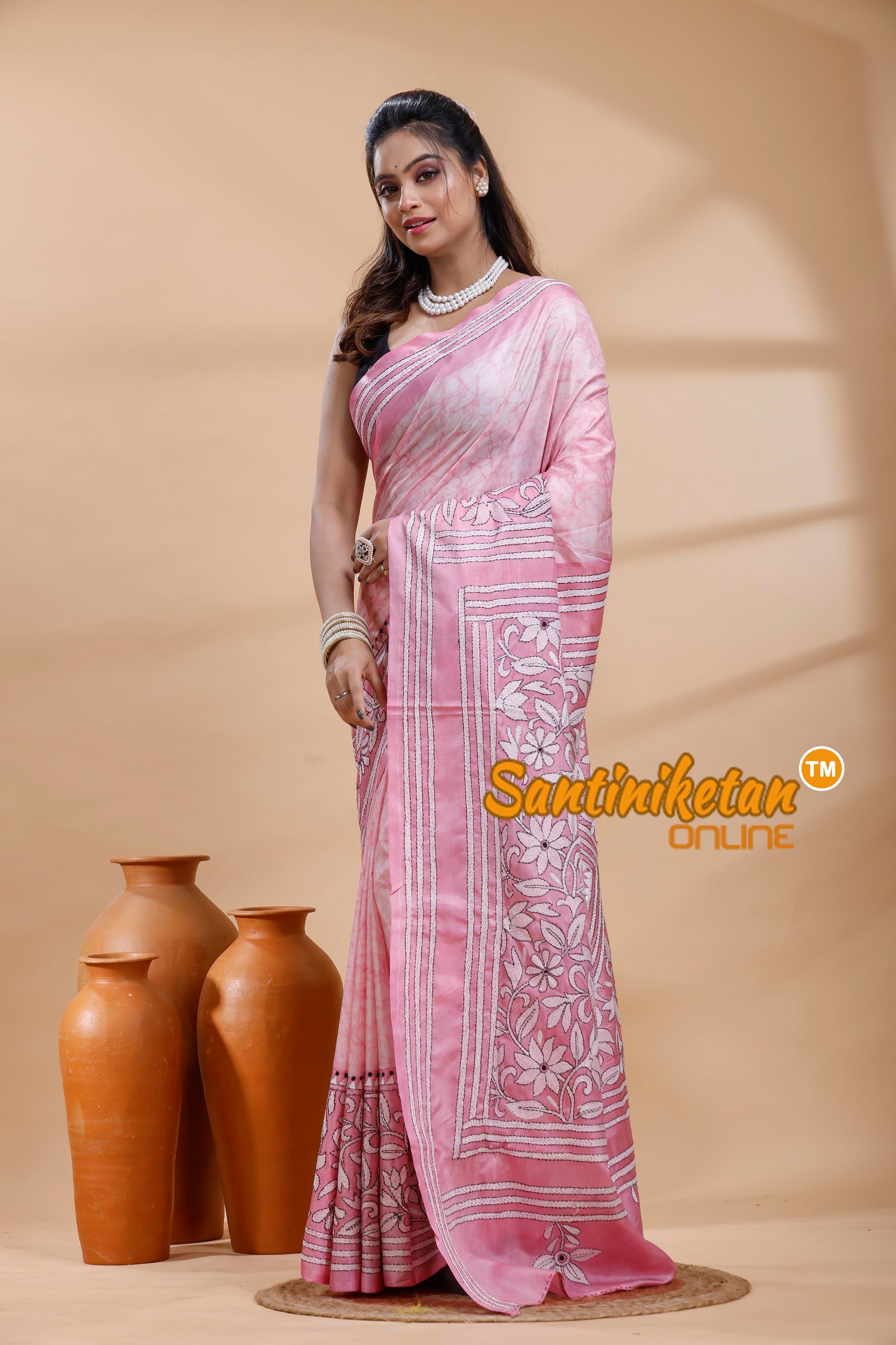Bangalore Silk Batik Kantha Stitch Saree