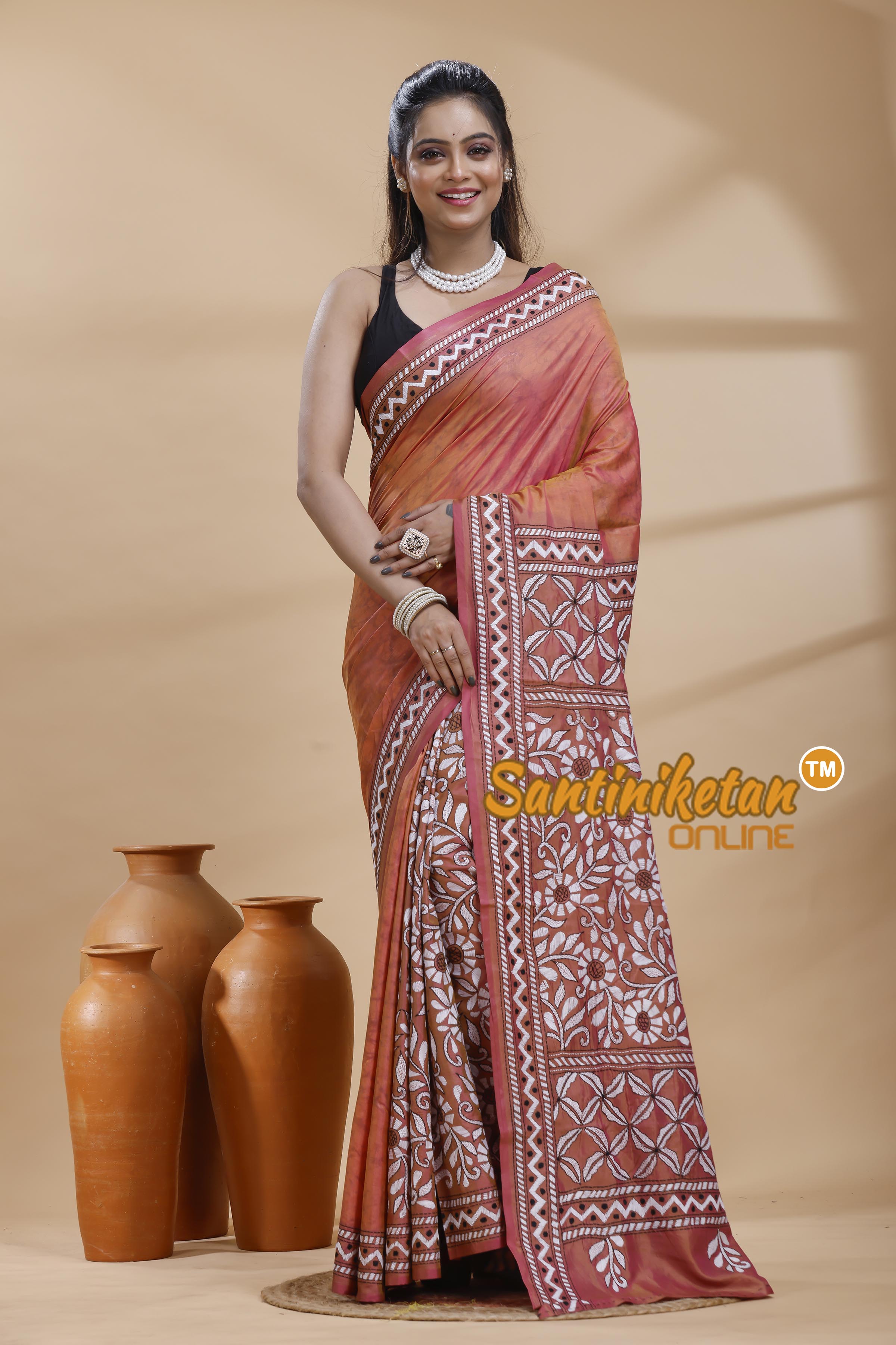 Bangalore Silk Batik Kantha Stitch Saree