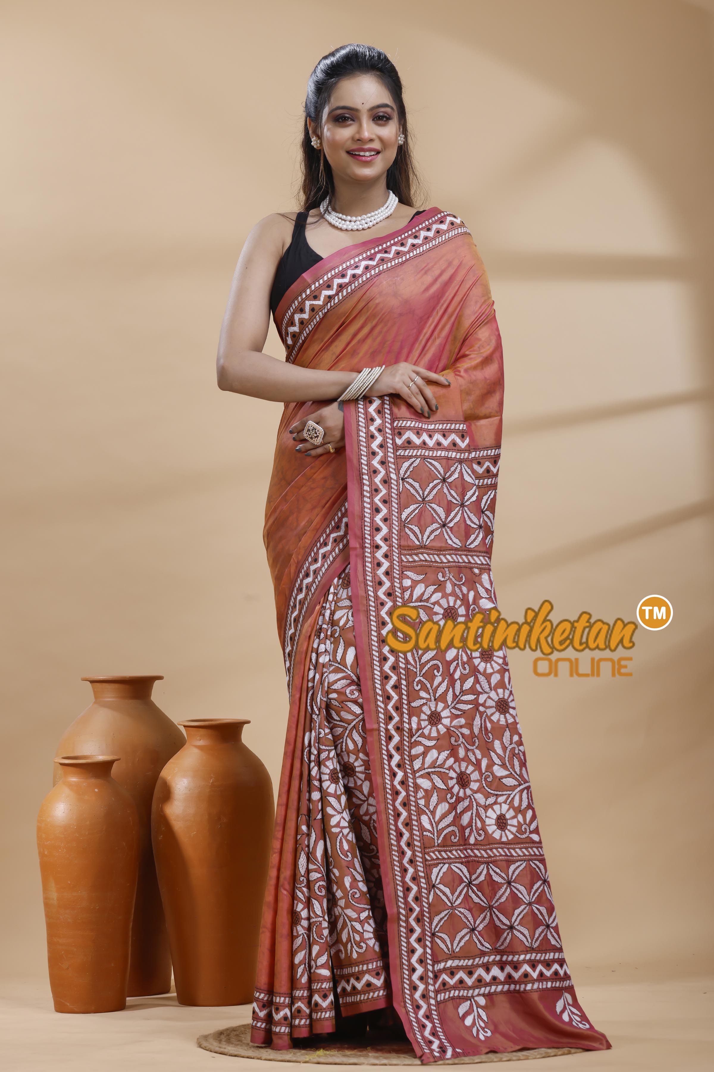 Bangalore Silk Batik Kantha Stitch Saree