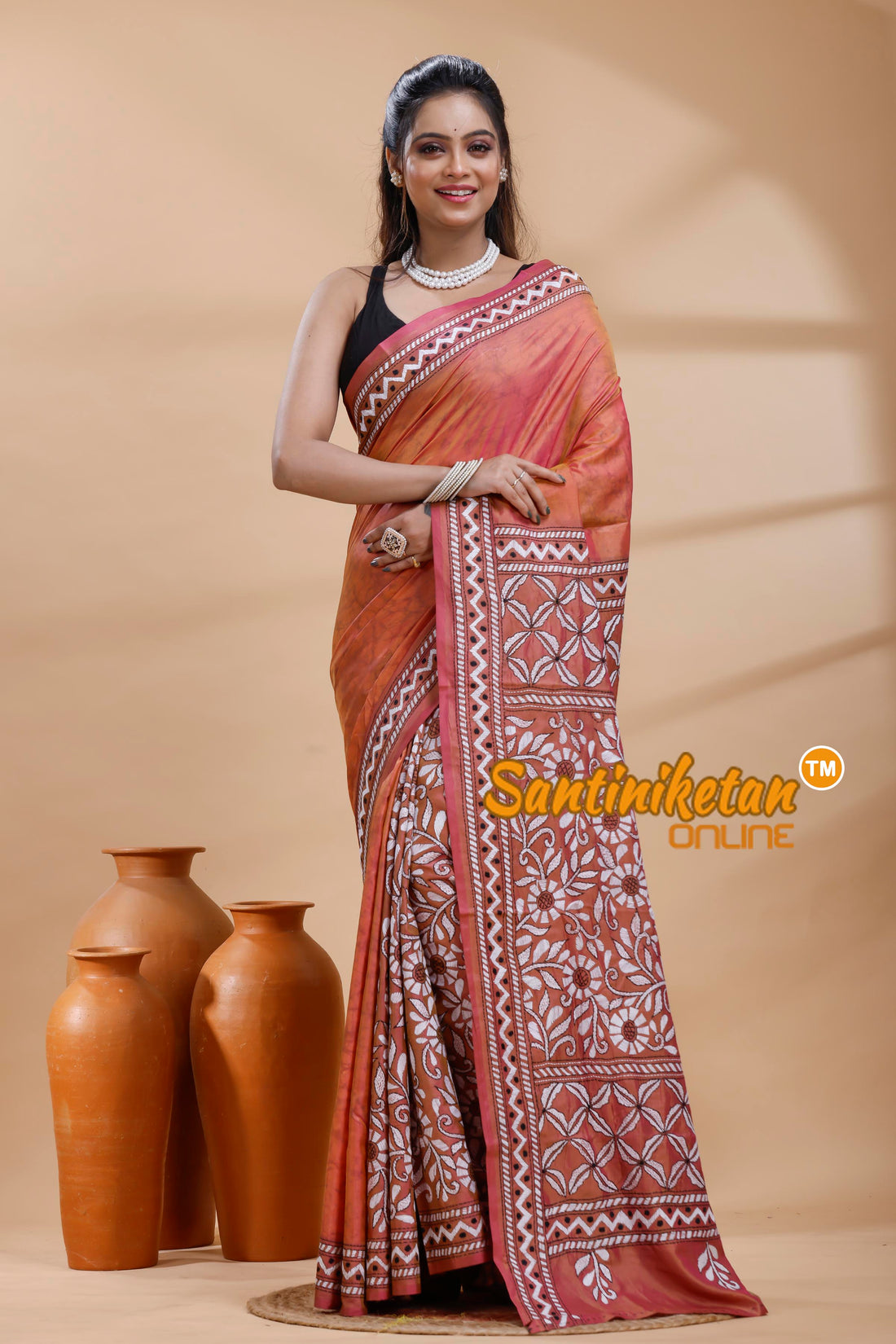 Bangalore Silk Batik Kantha Stitch Saree
