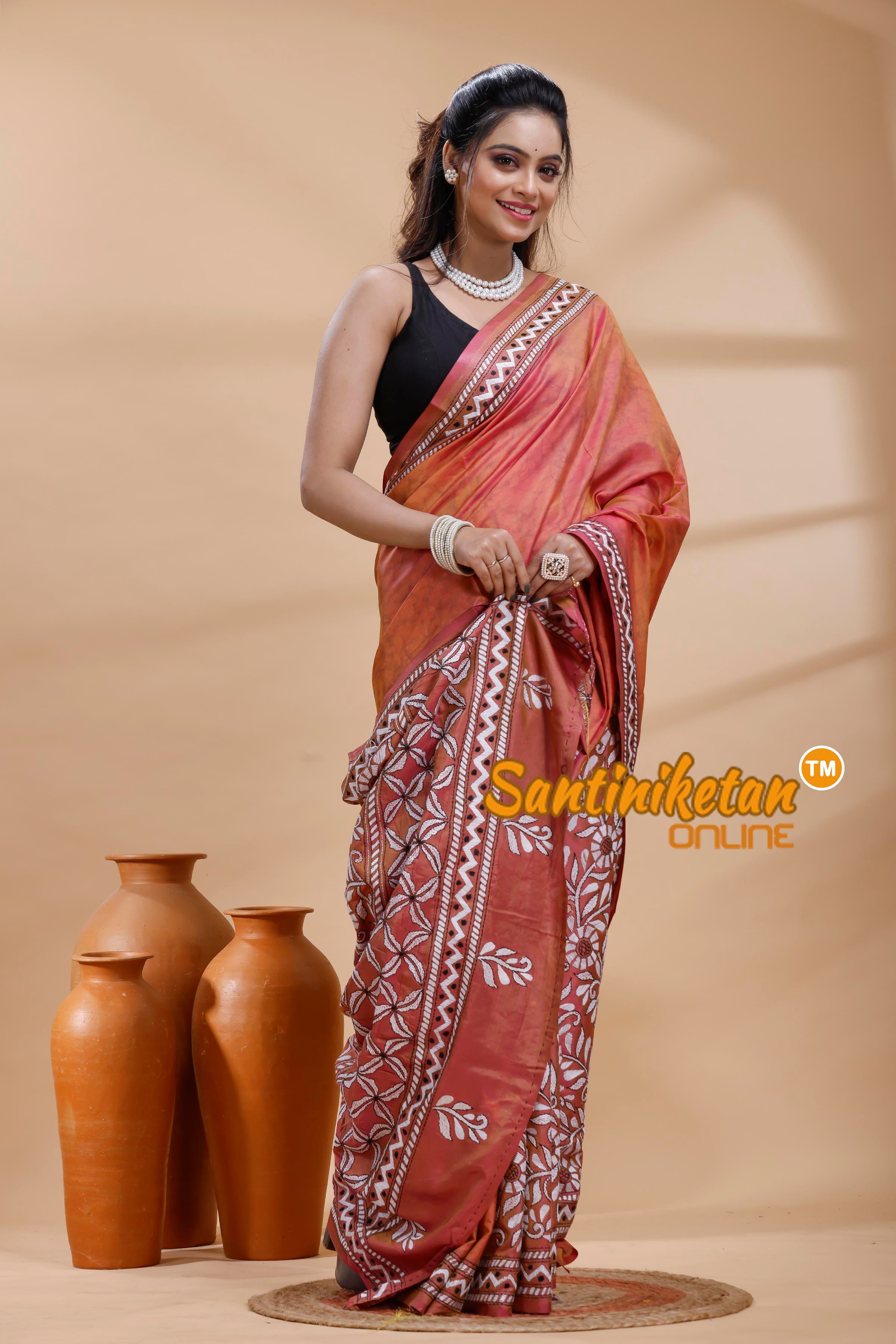 Bangalore Silk Batik Kantha Stitch Saree
