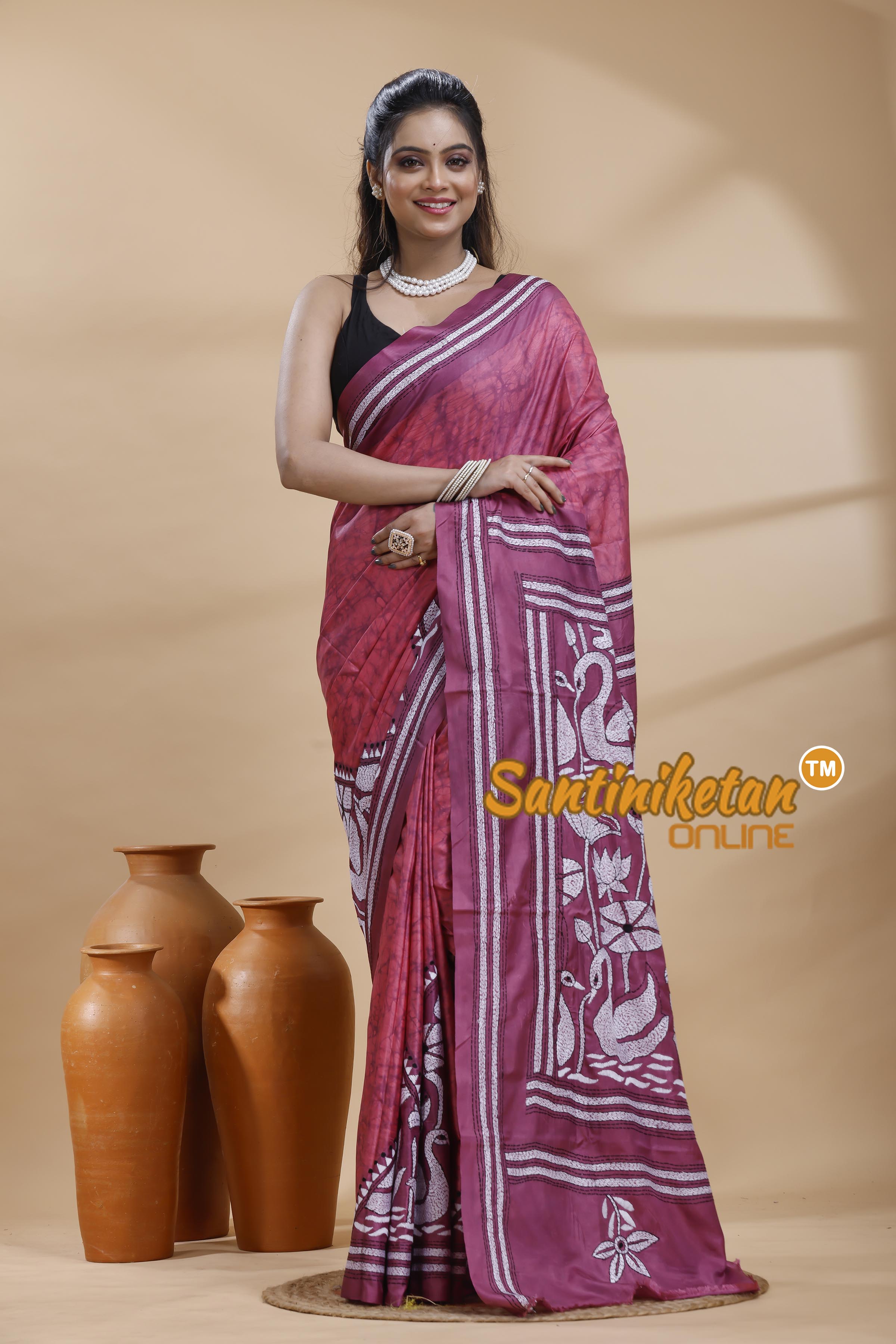 Bangalore Silk Batik Kantha Stitch Saree