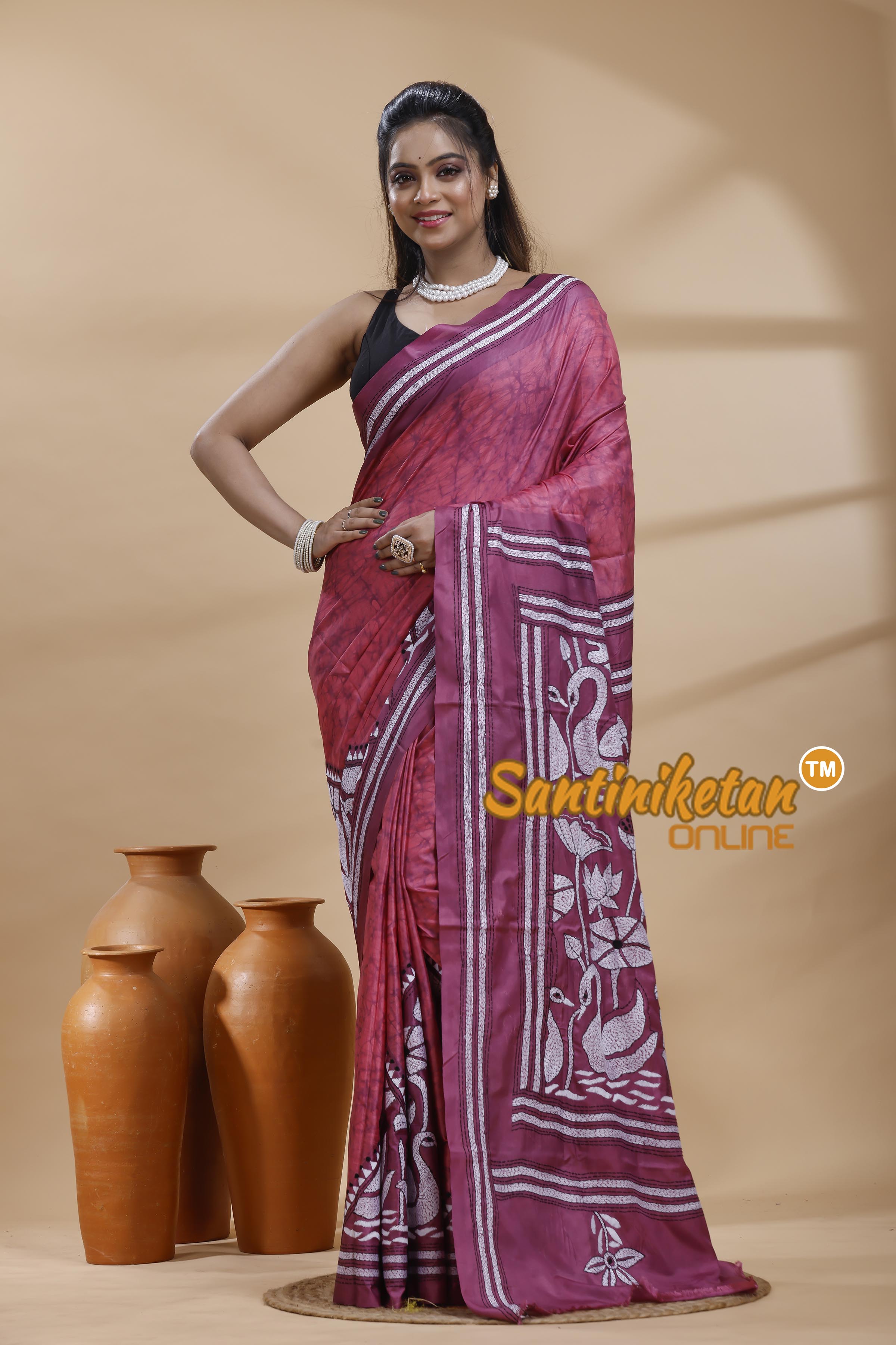 Bangalore Silk Batik Kantha Stitch Saree