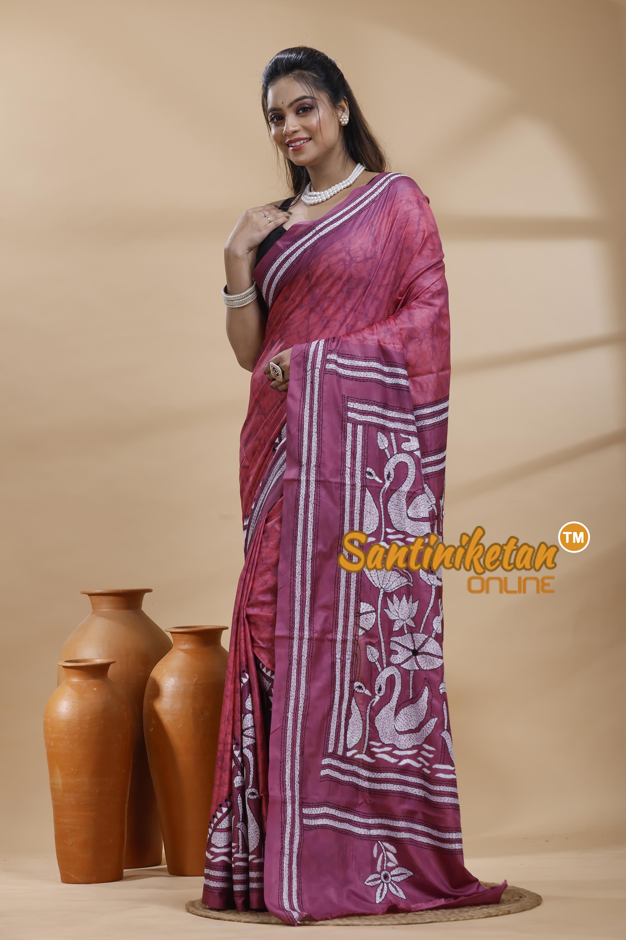 Bangalore Silk Batik Kantha Stitch Saree
