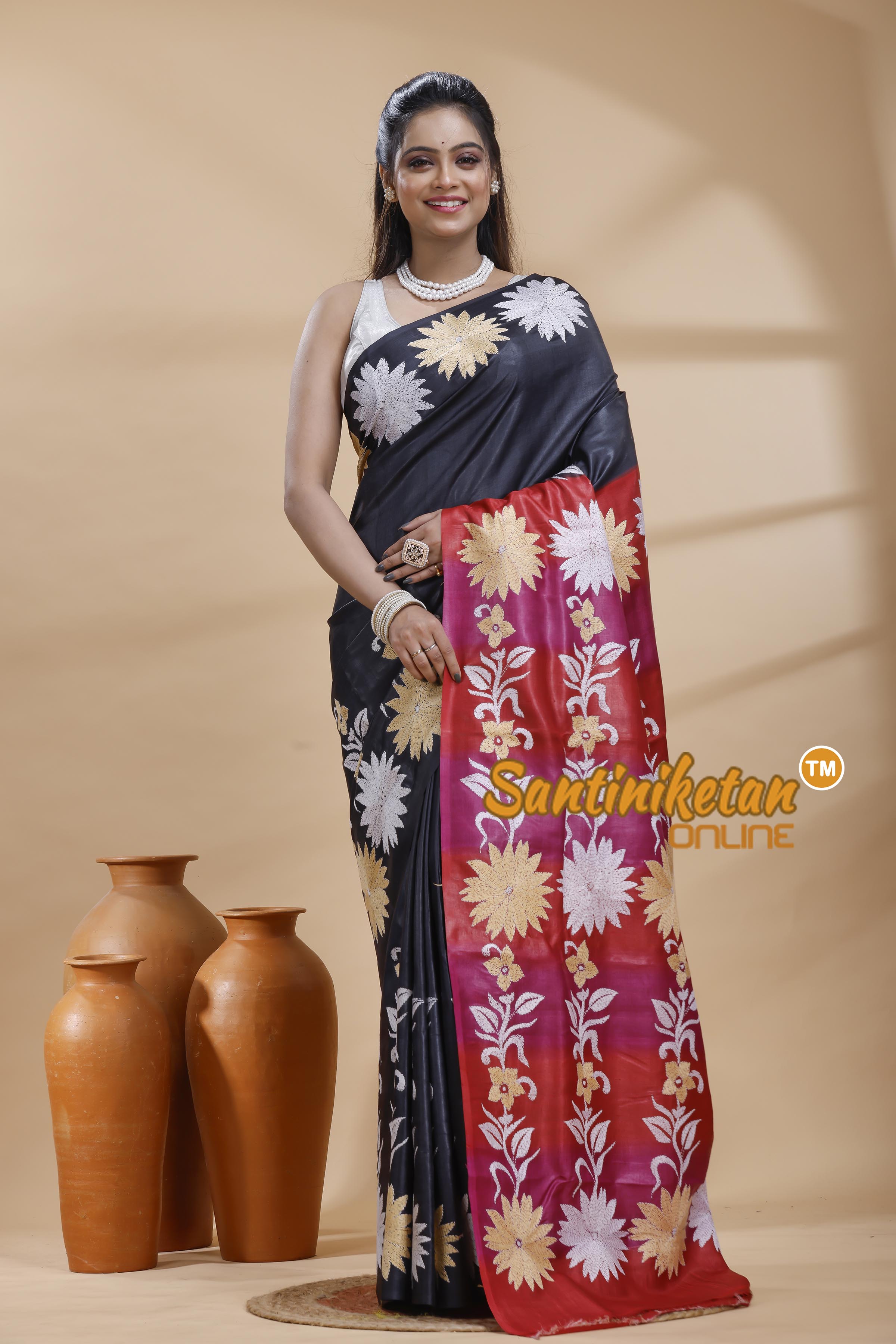 Dye Pure Gachi Tussar Silk Kantha Stitch Saree