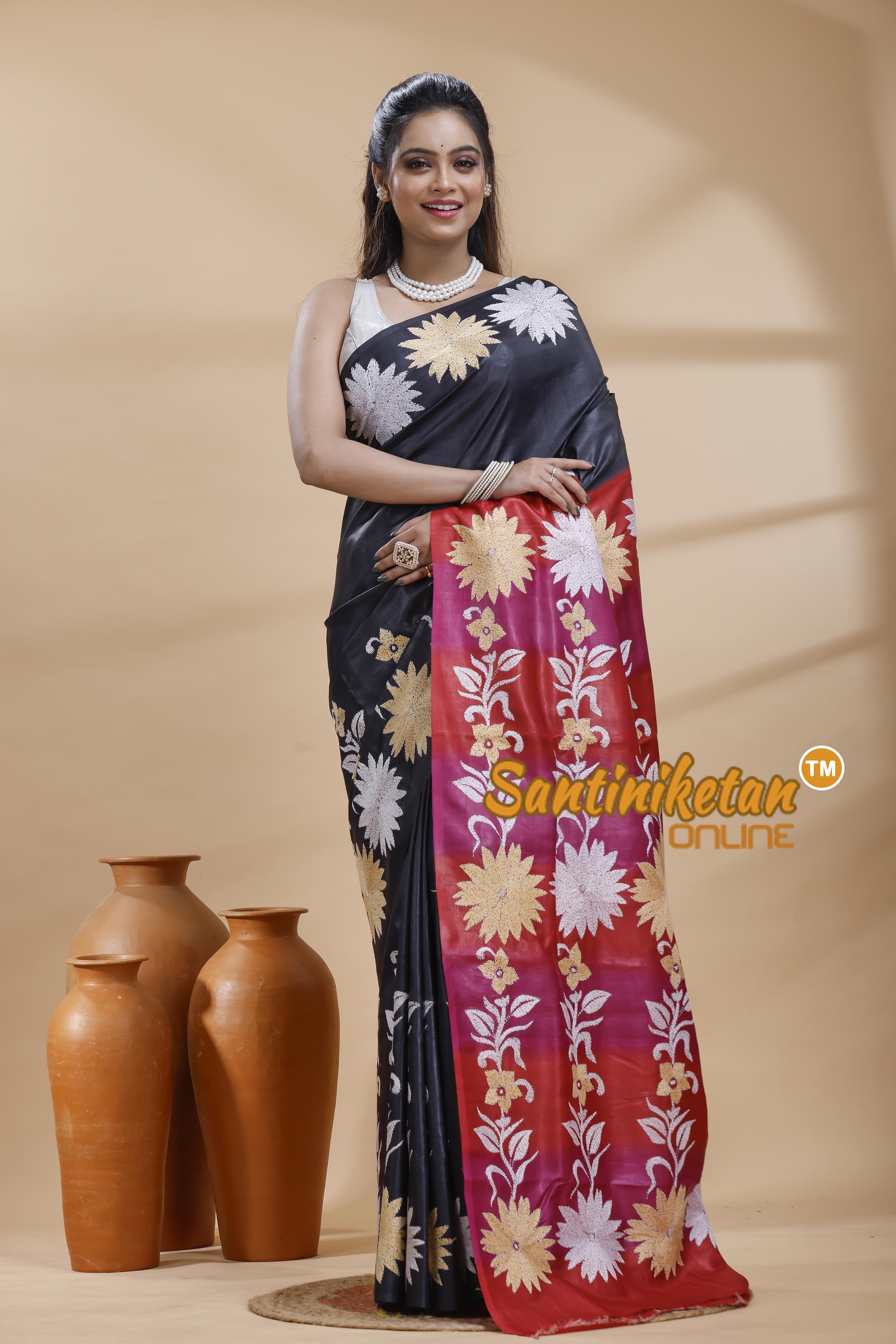 Dye Pure Gachi Tussar Silk Kantha Stitch Saree