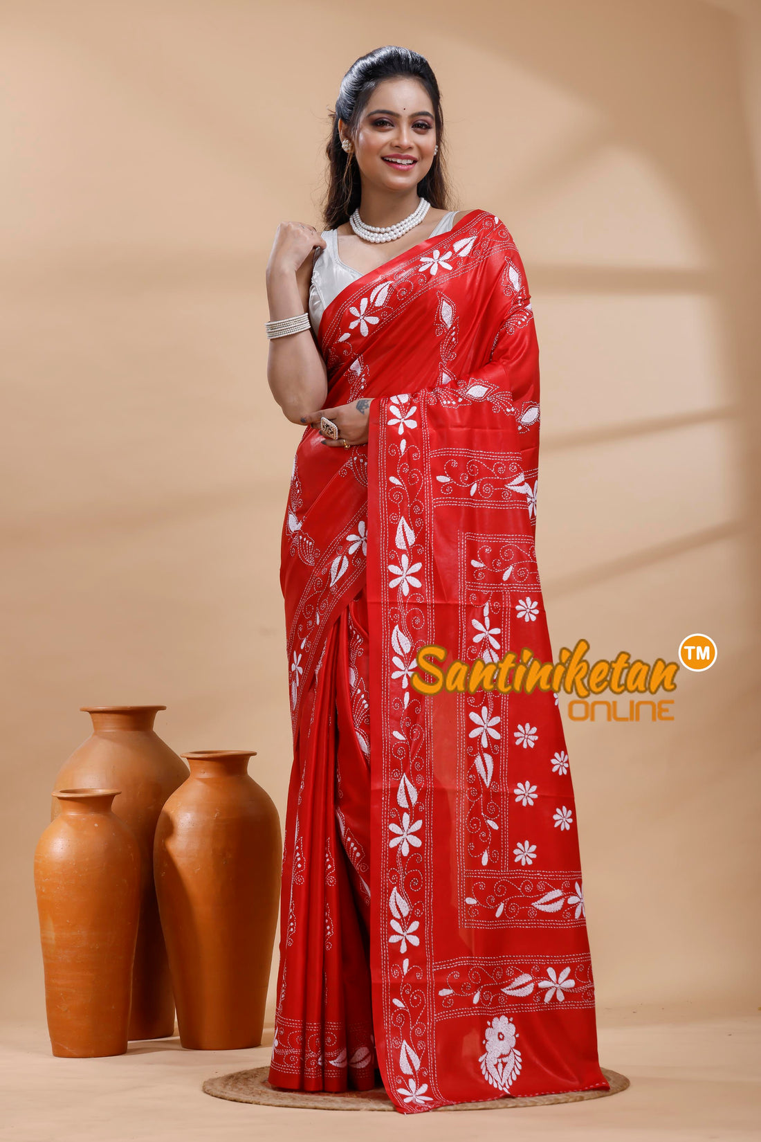 Bangalore Silk Kantha Stitch Saree