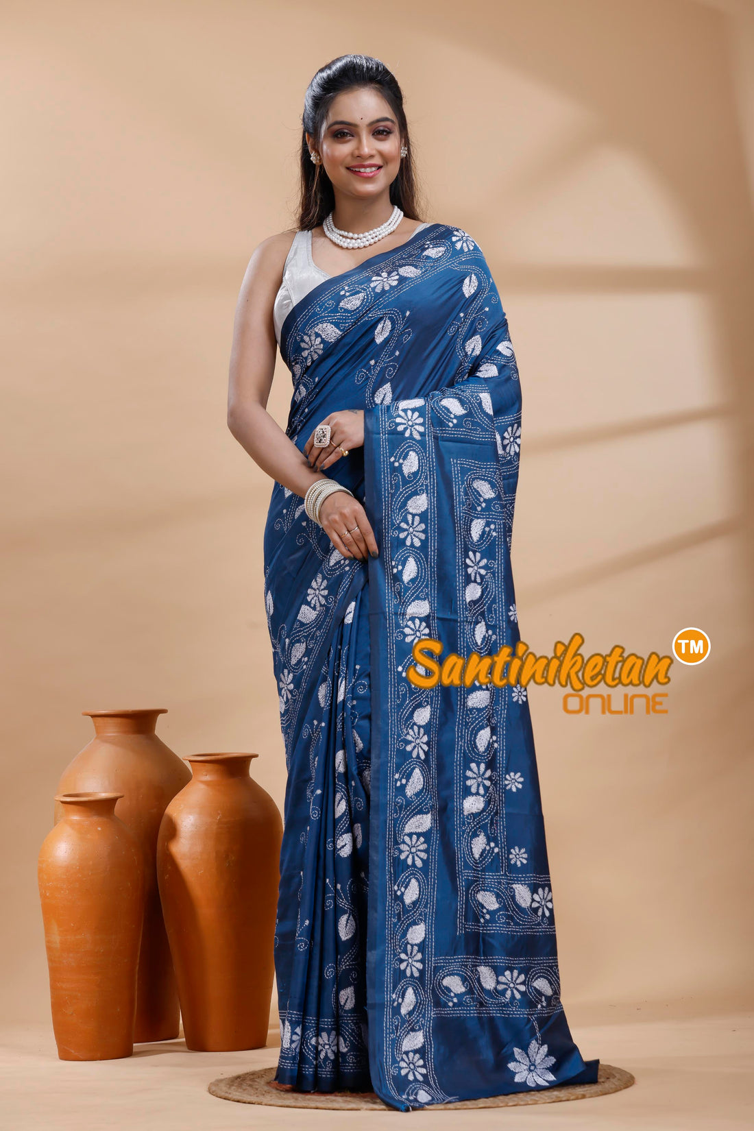 Bangalore Silk Kantha Stitch Saree