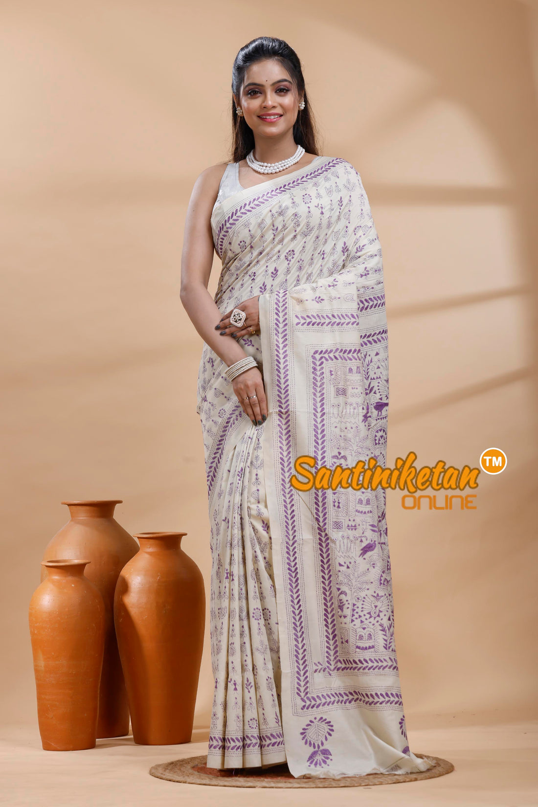 Tussar Silk Kantha Stitch Saree
