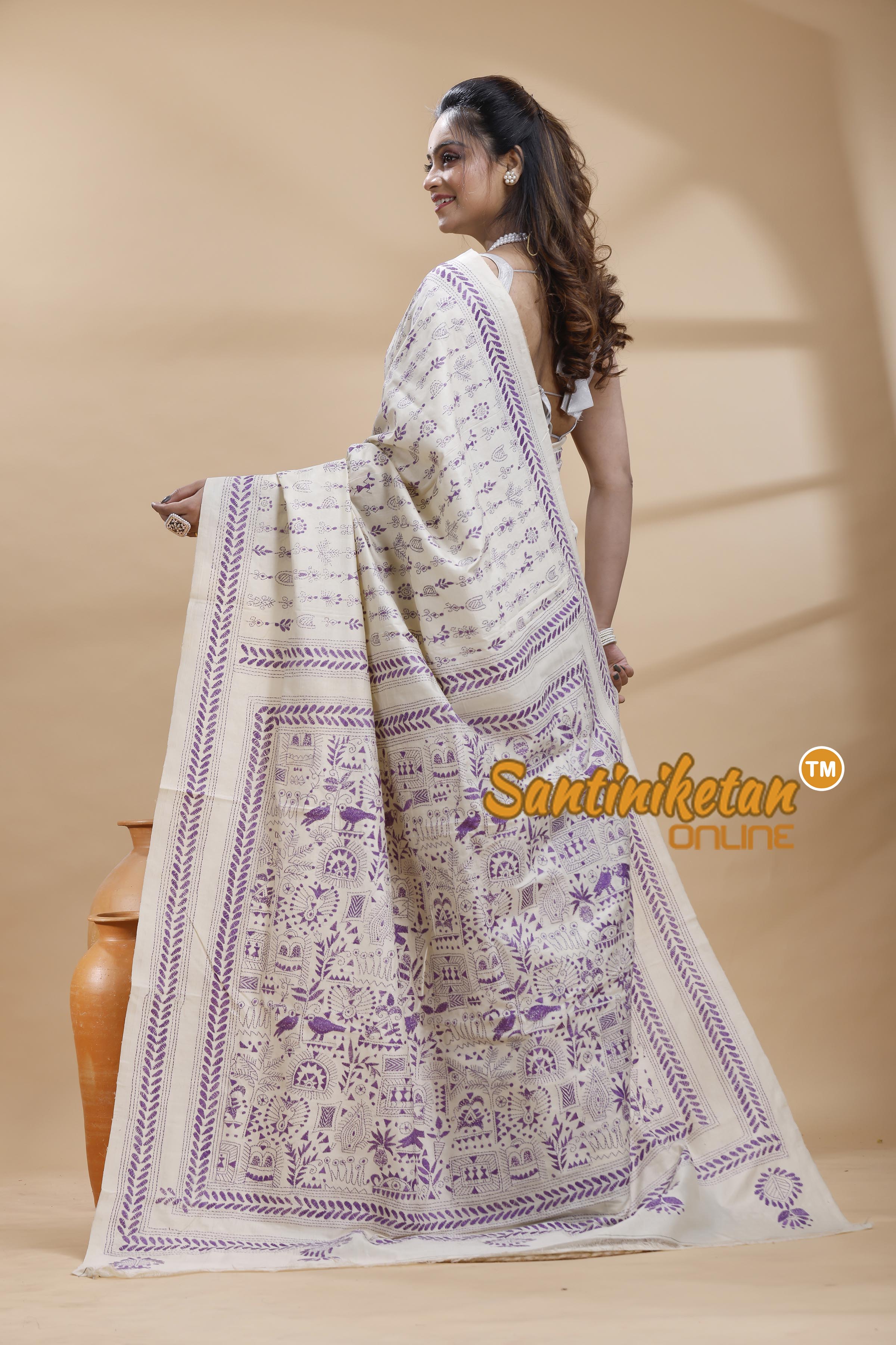 Tussar Silk Kantha Stitch Saree