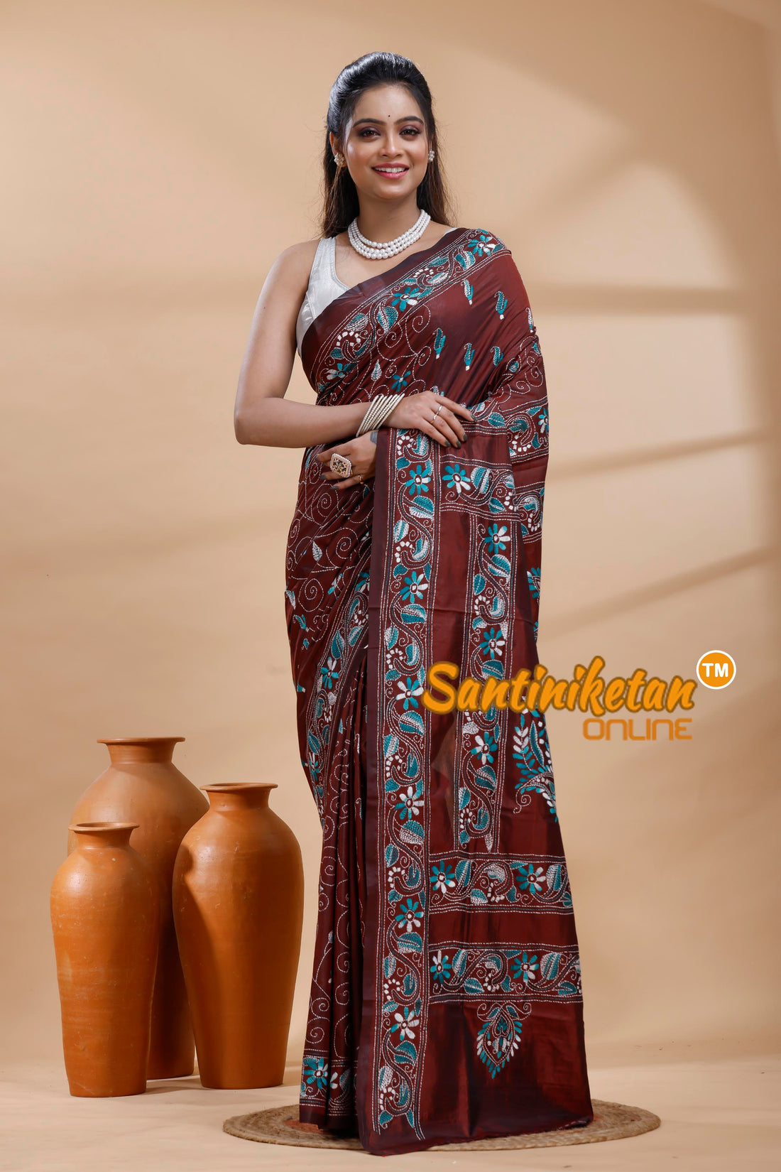 Bangalore Silk Kantha Stitch Saree