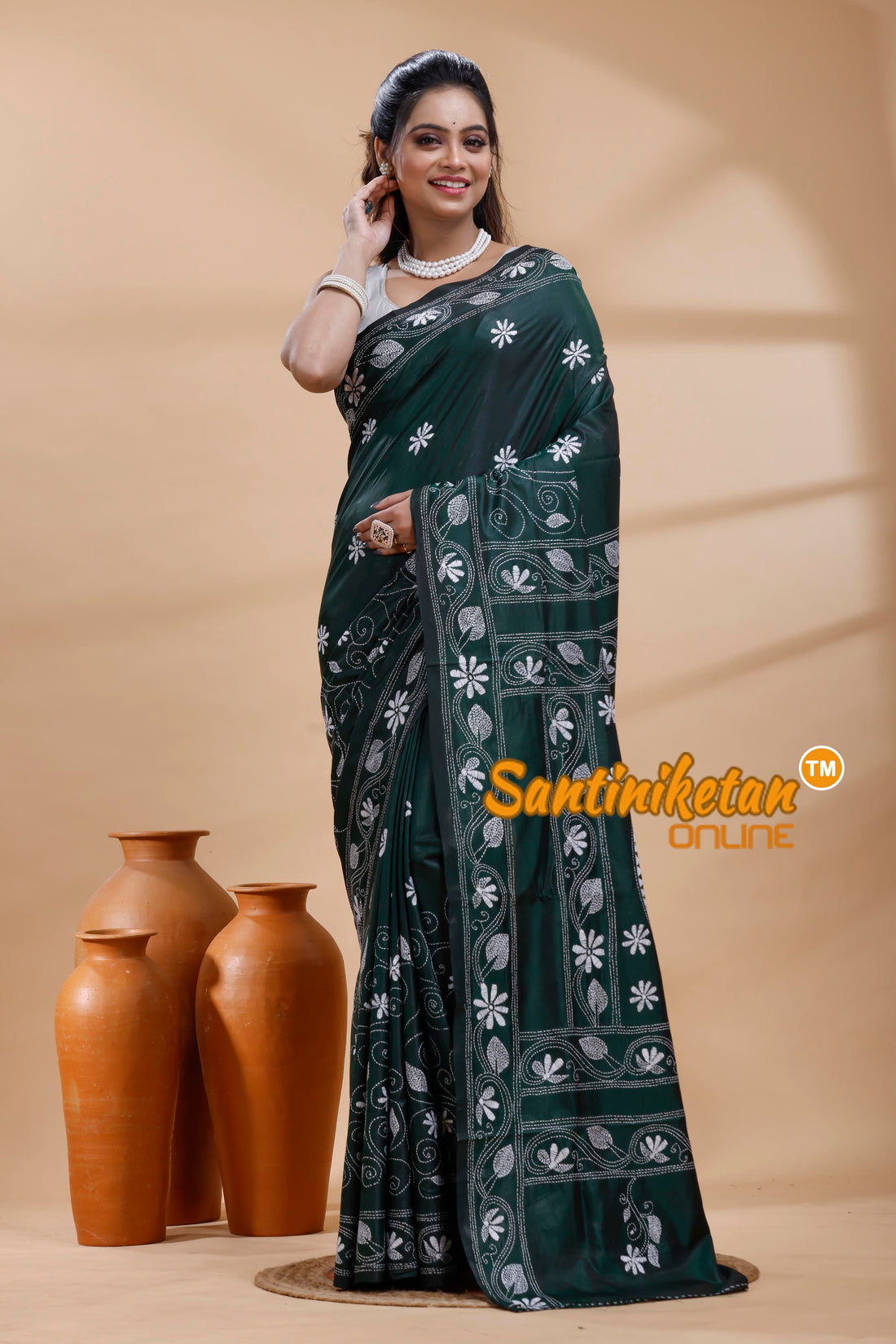 Bangalore Silk Kantha Stitch Saree