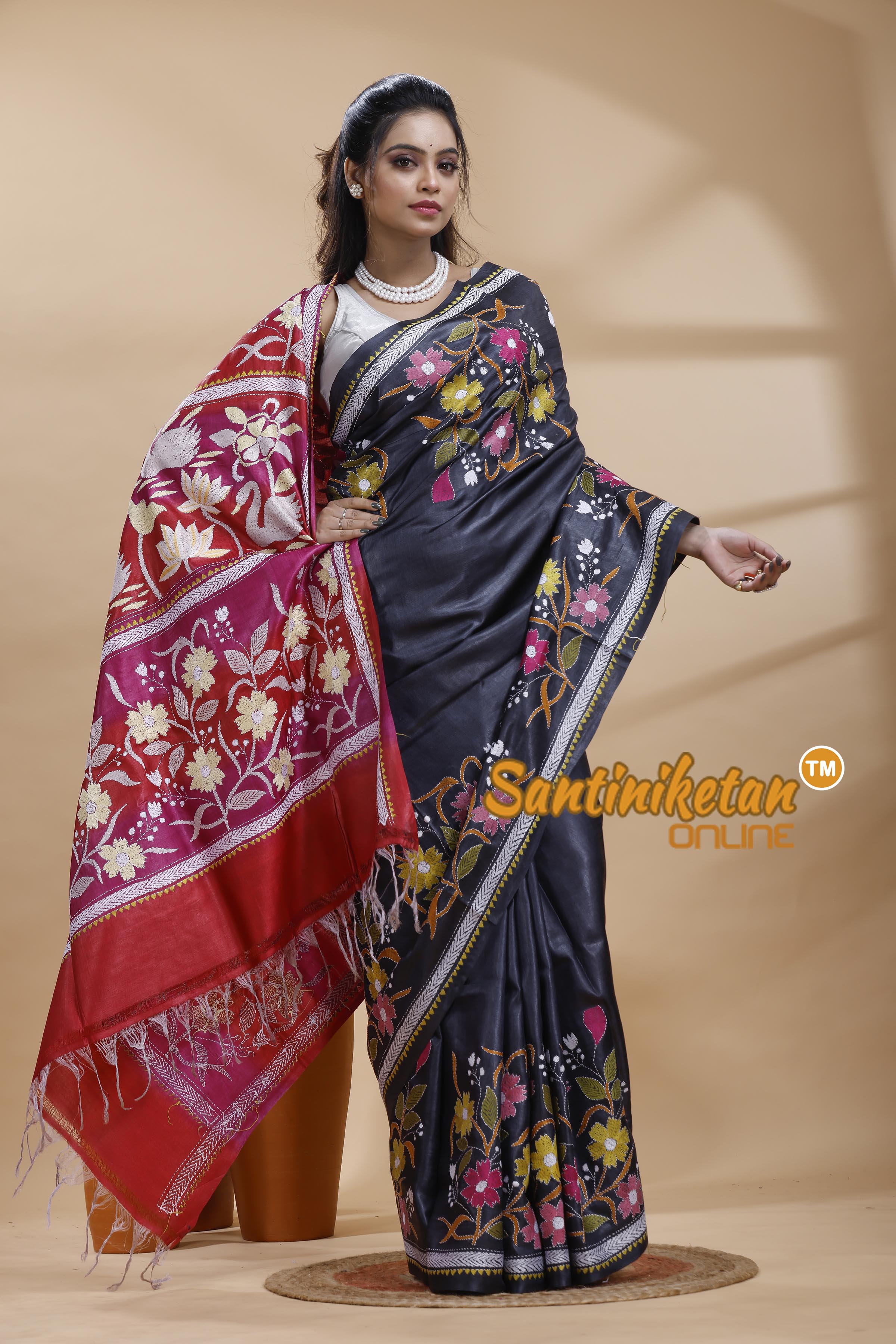 Dye Pure Gachi Tussar Silk Kantha Stitch Saree