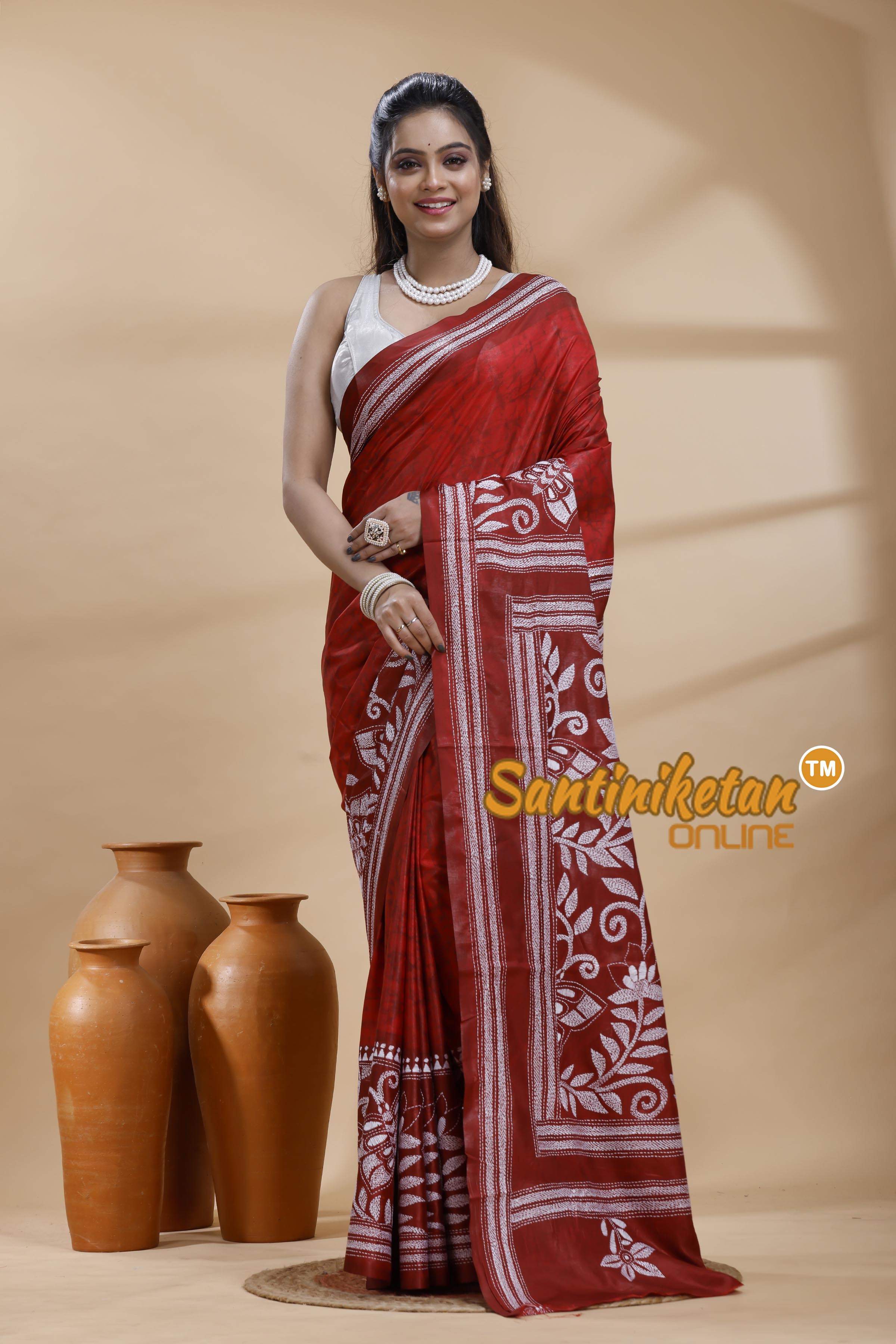 Bangalore Silk Batik Kantha Stitch Saree