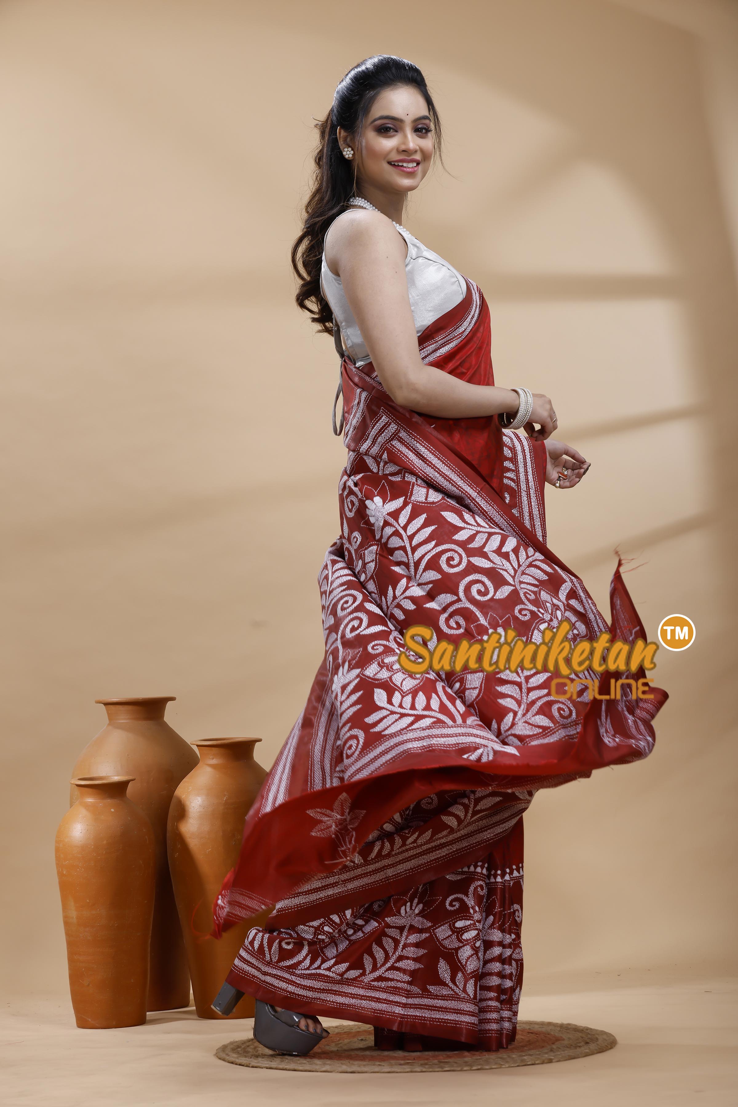 Bangalore Silk Batik Kantha Stitch Saree