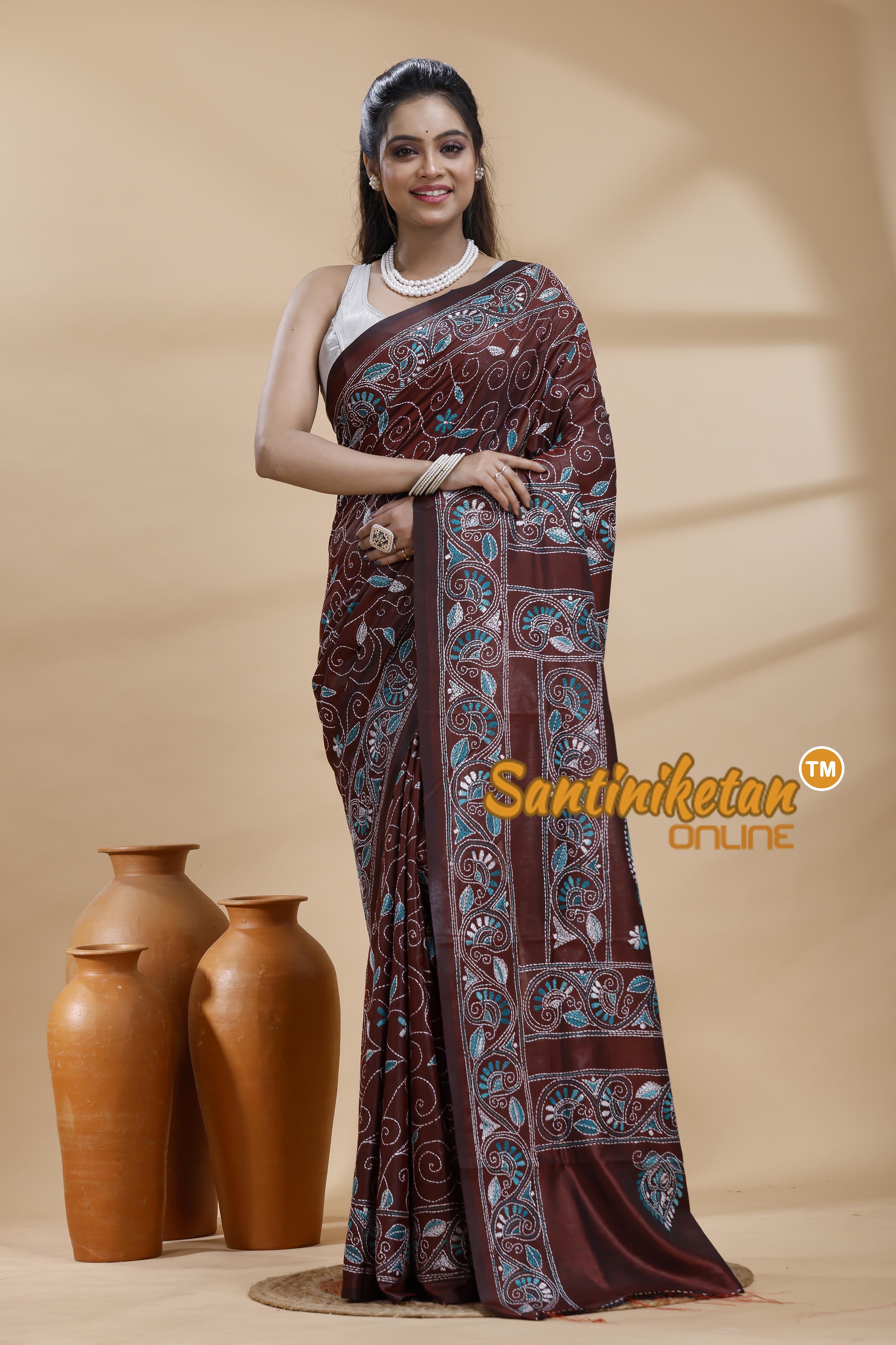 Bangalore Silk Kantha Stitch Saree