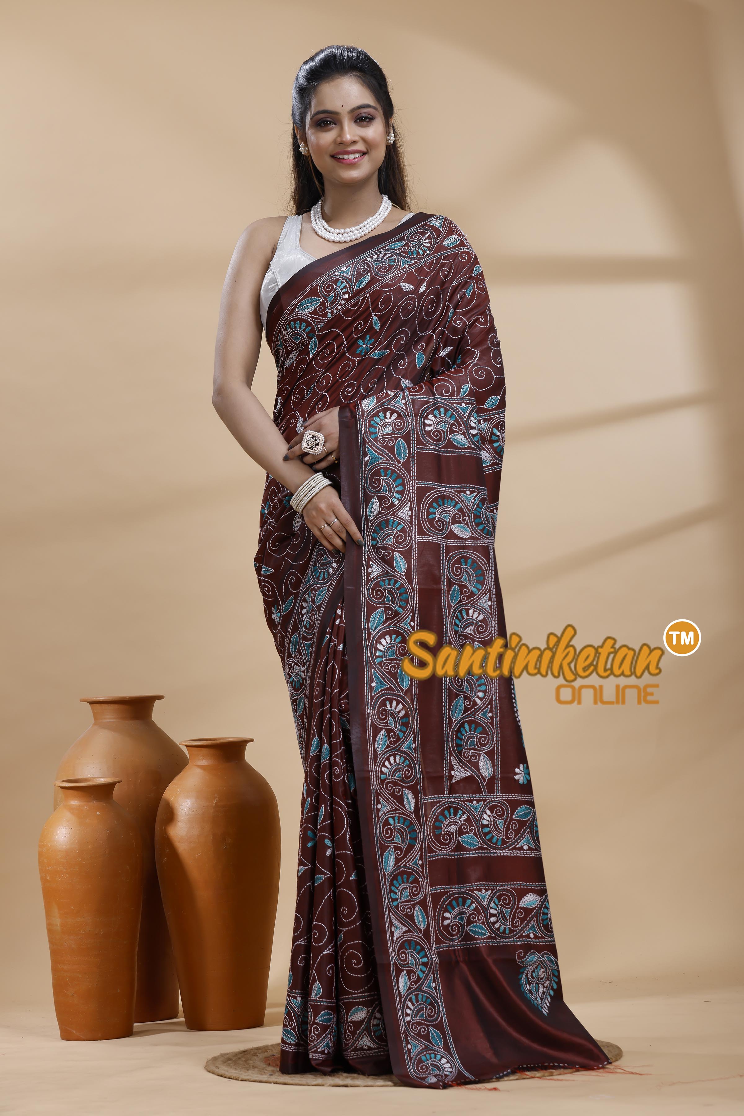 Bangalore Silk Kantha Stitch Saree