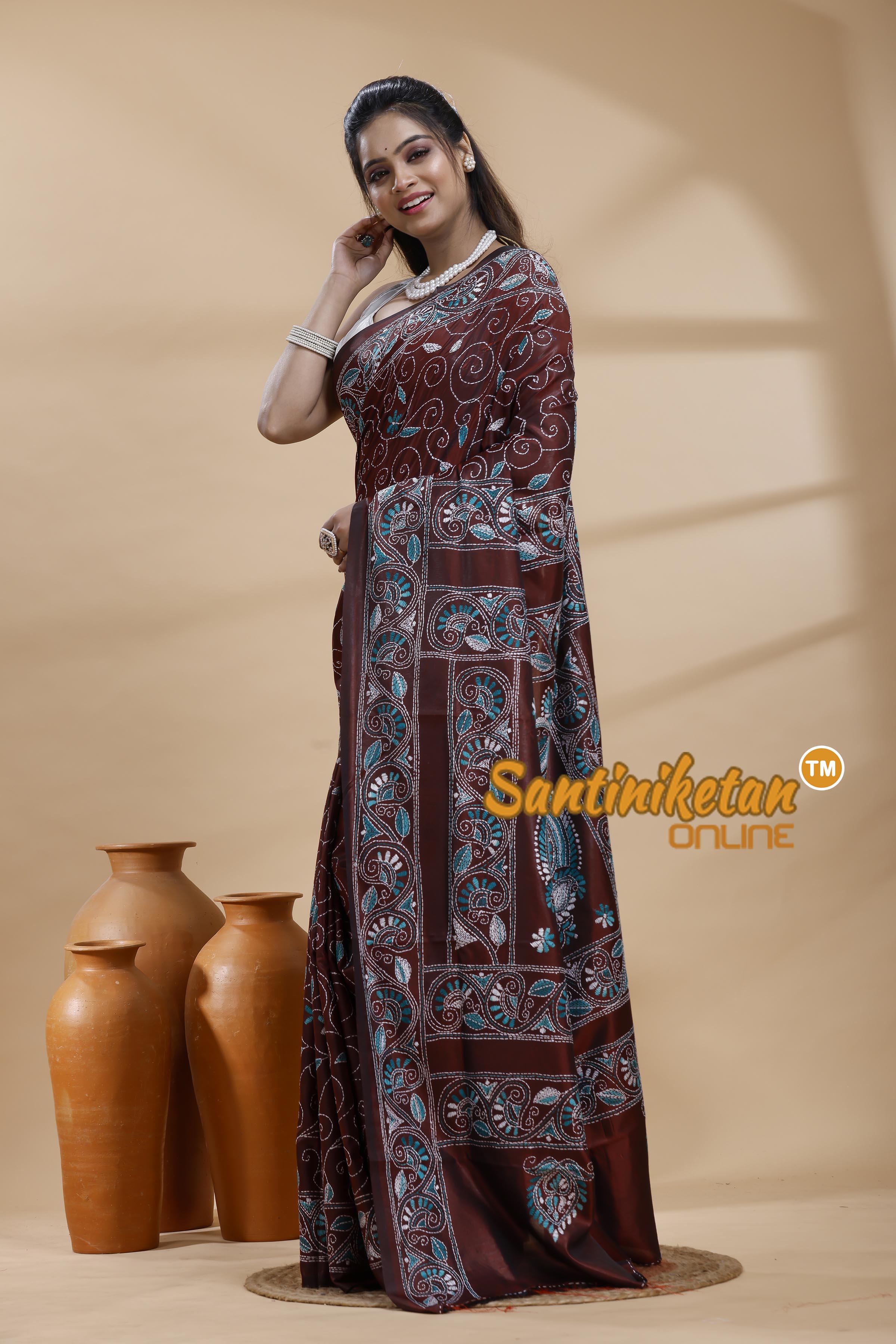 Bangalore Silk Kantha Stitch Saree