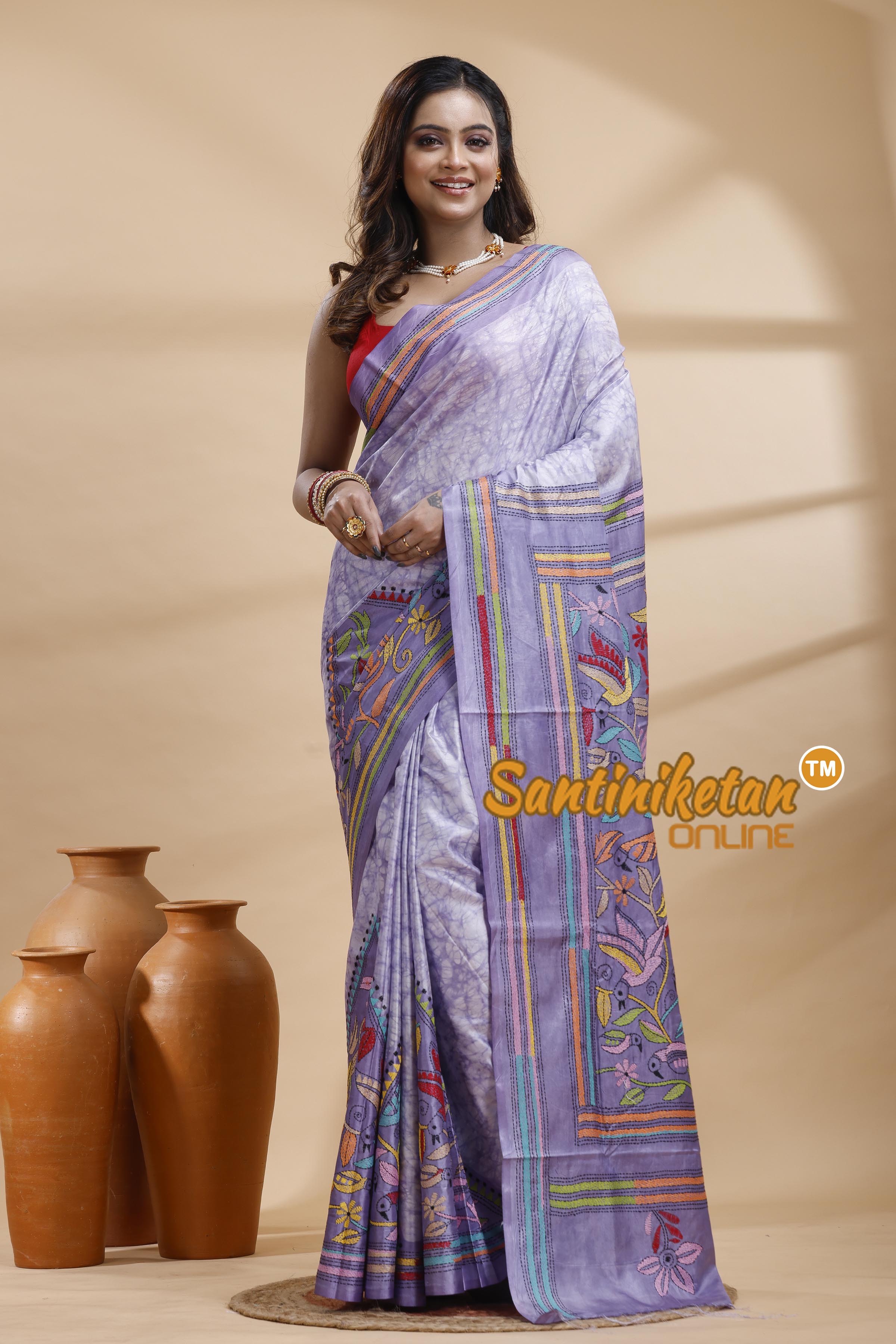 Bangalore Silk Batik Kantha Stitch Saree