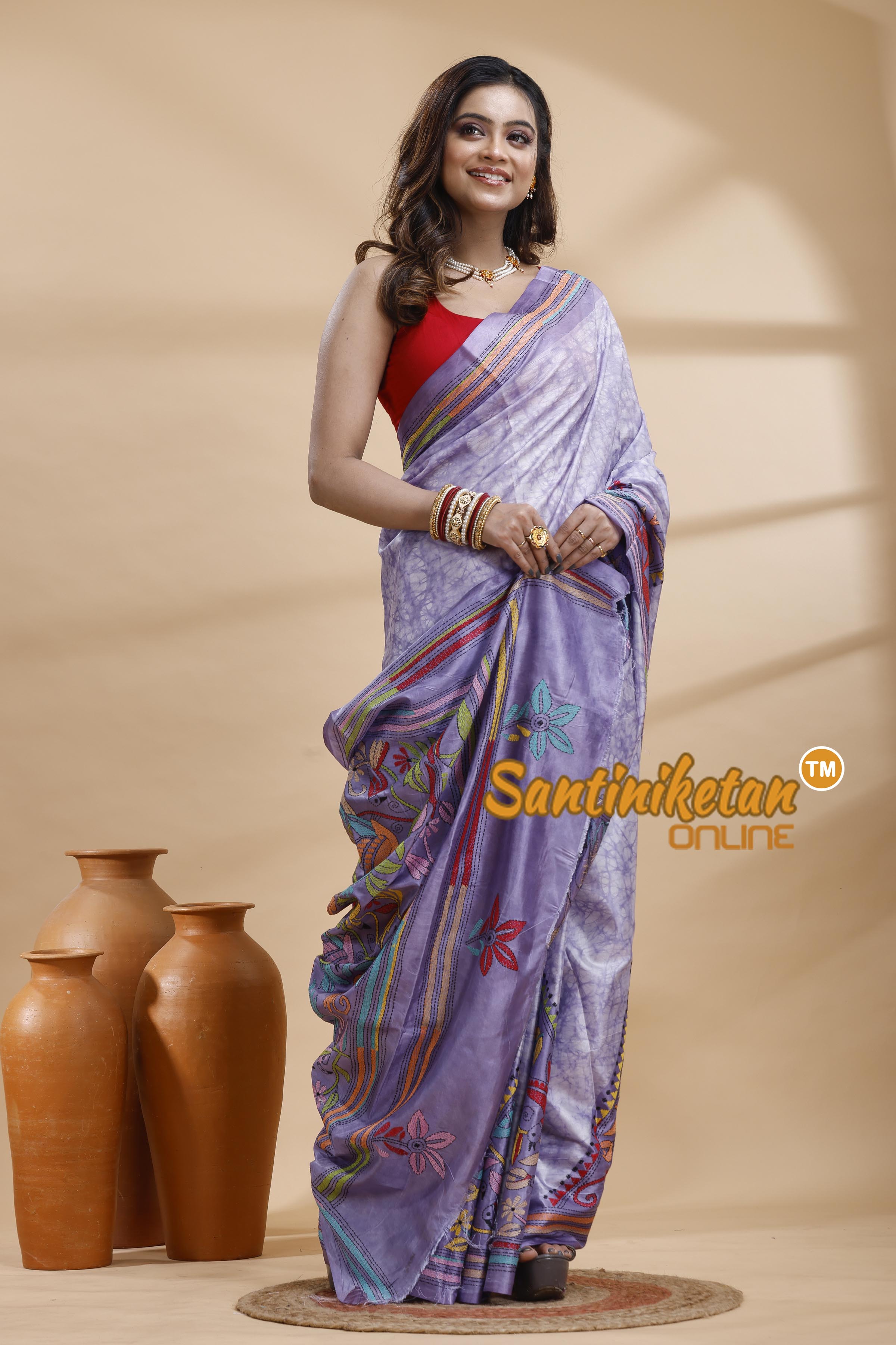 Bangalore Silk Batik Kantha Stitch Saree