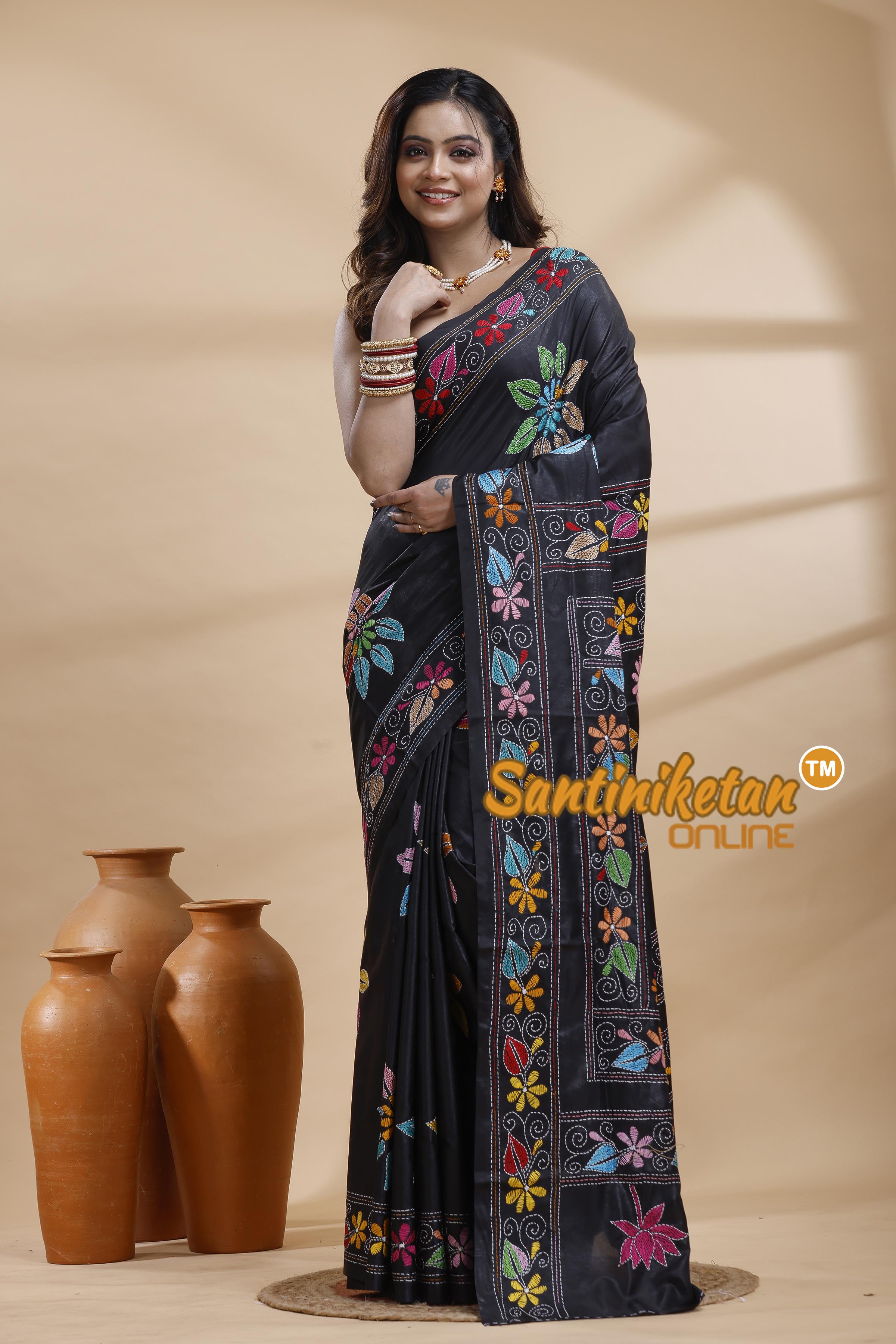 Bangalore Silk Kantha Stitch Saree