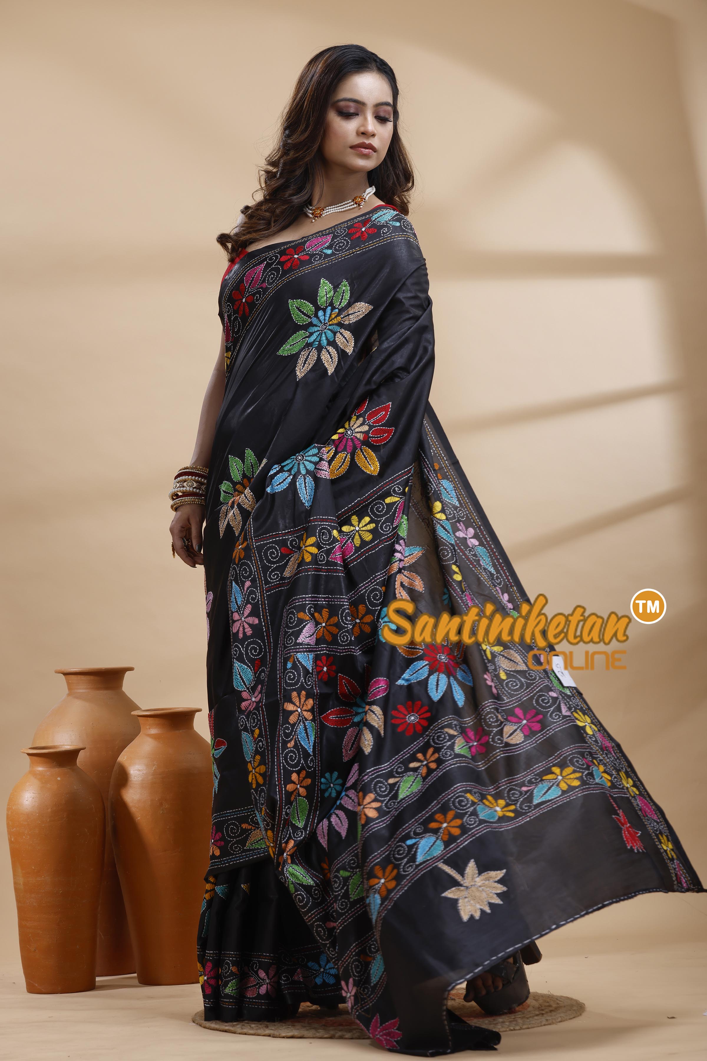 Bangalore Silk Kantha Stitch Saree