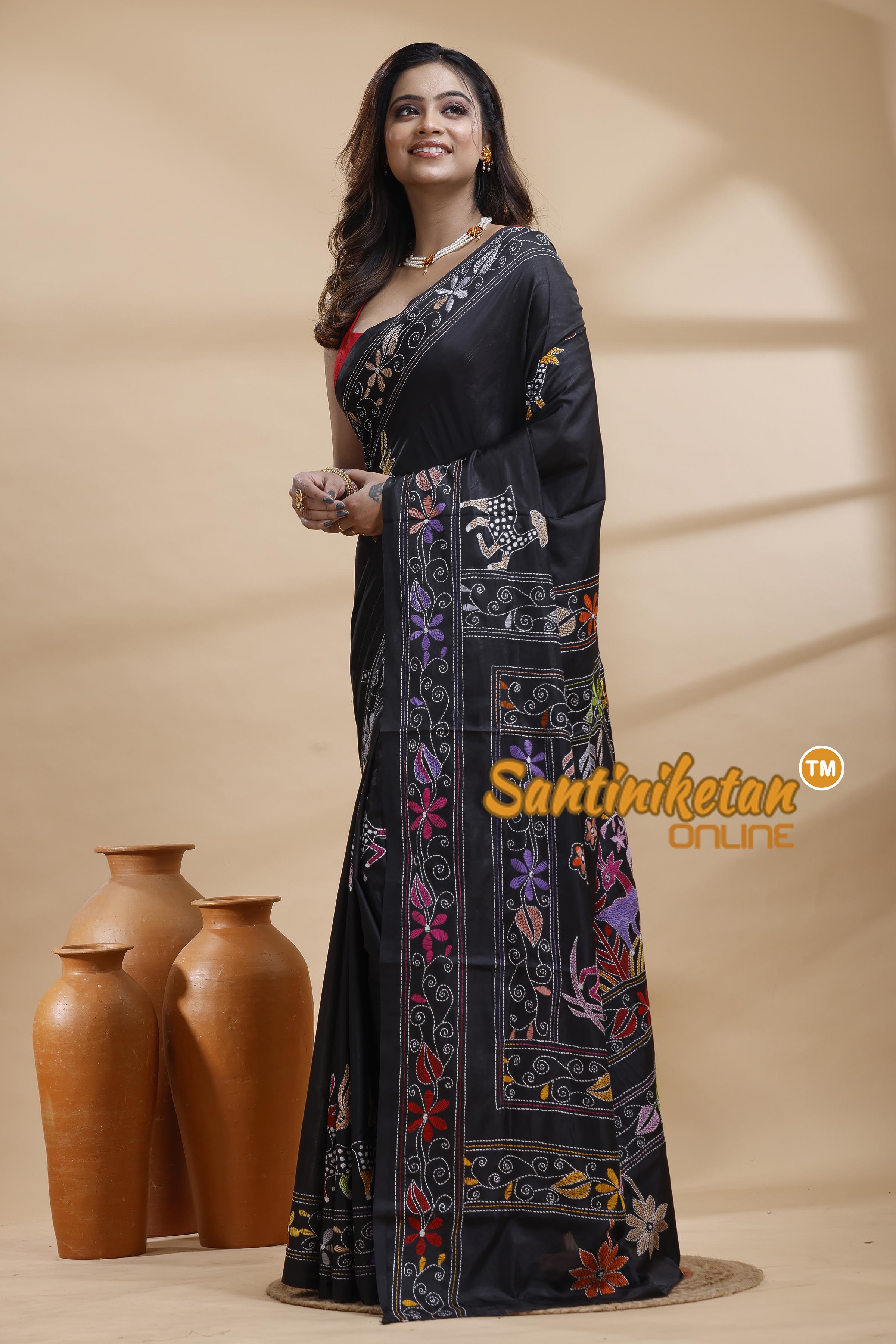 Bangalore Silk Kantha Stitch Saree