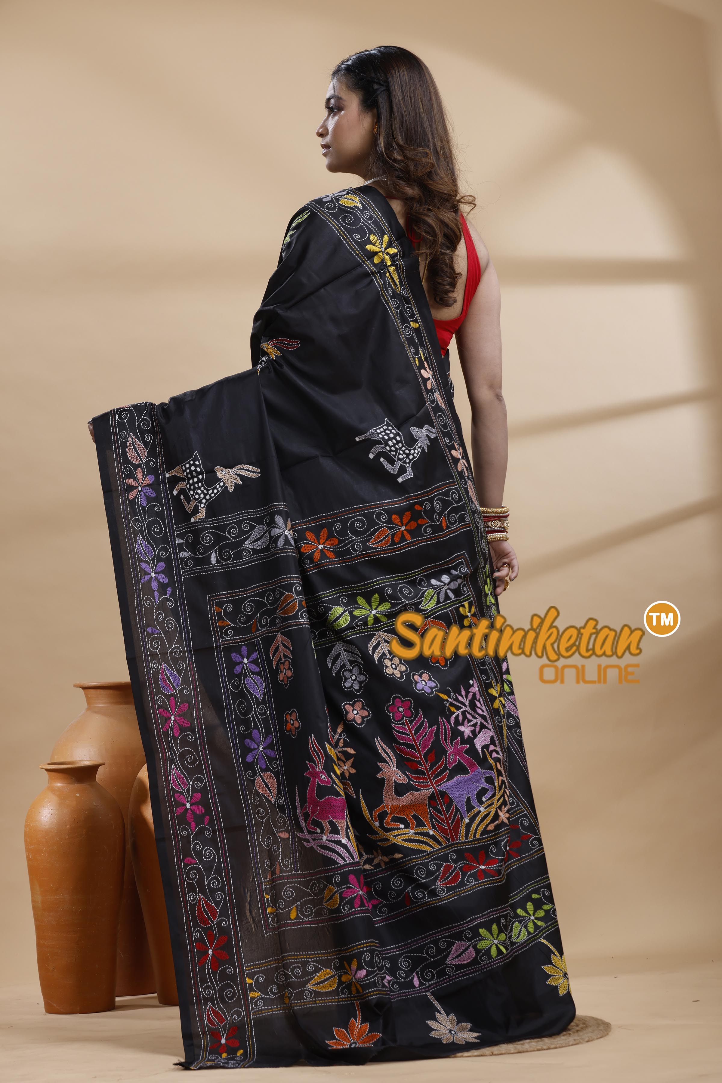 Bangalore Silk Kantha Stitch Saree