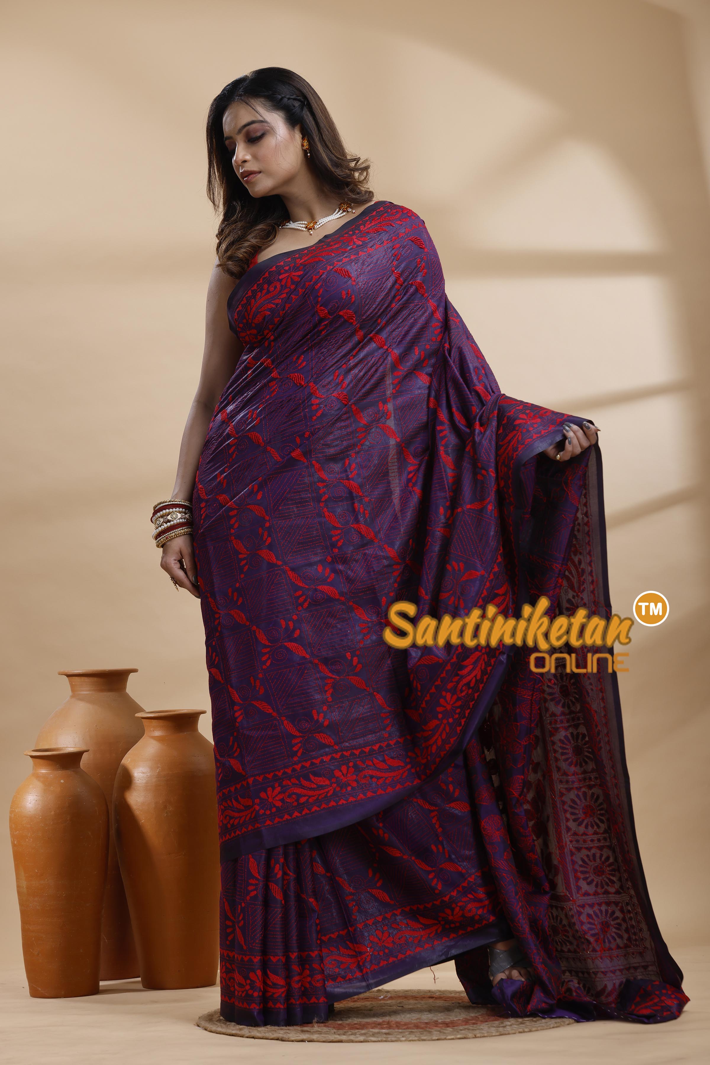 Bangalore Silk Kantha Stitch Saree