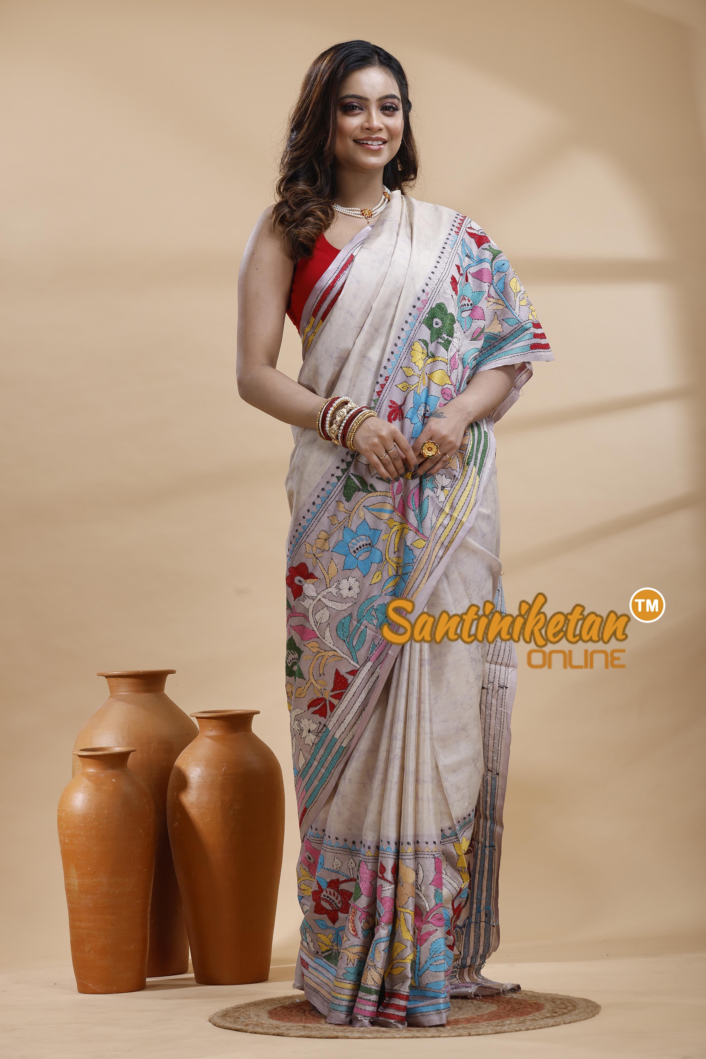 Bangalore Silk Batik Kantha Stitch Saree