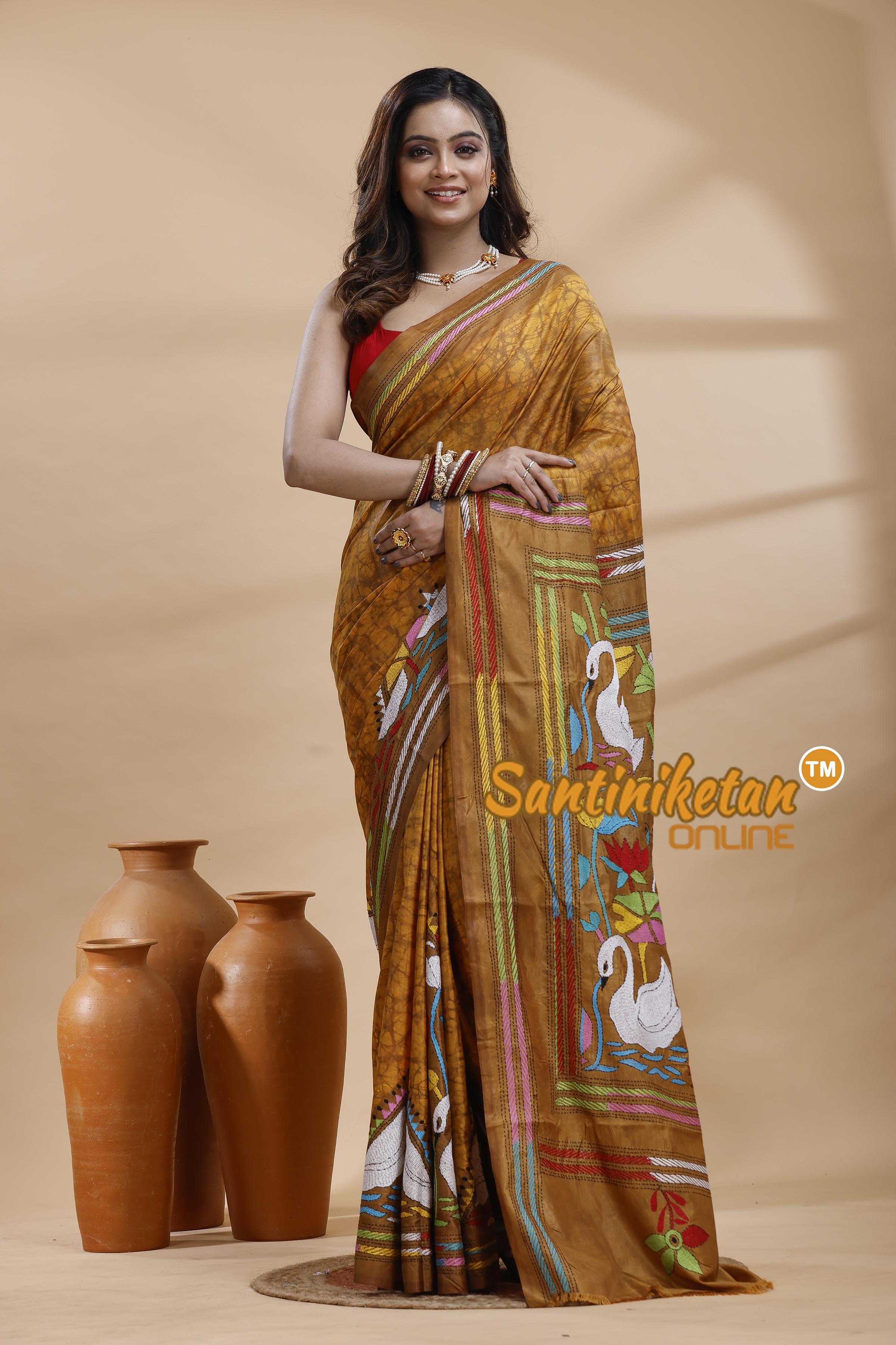 Bangalore Silk Batik Kantha Stitch Saree