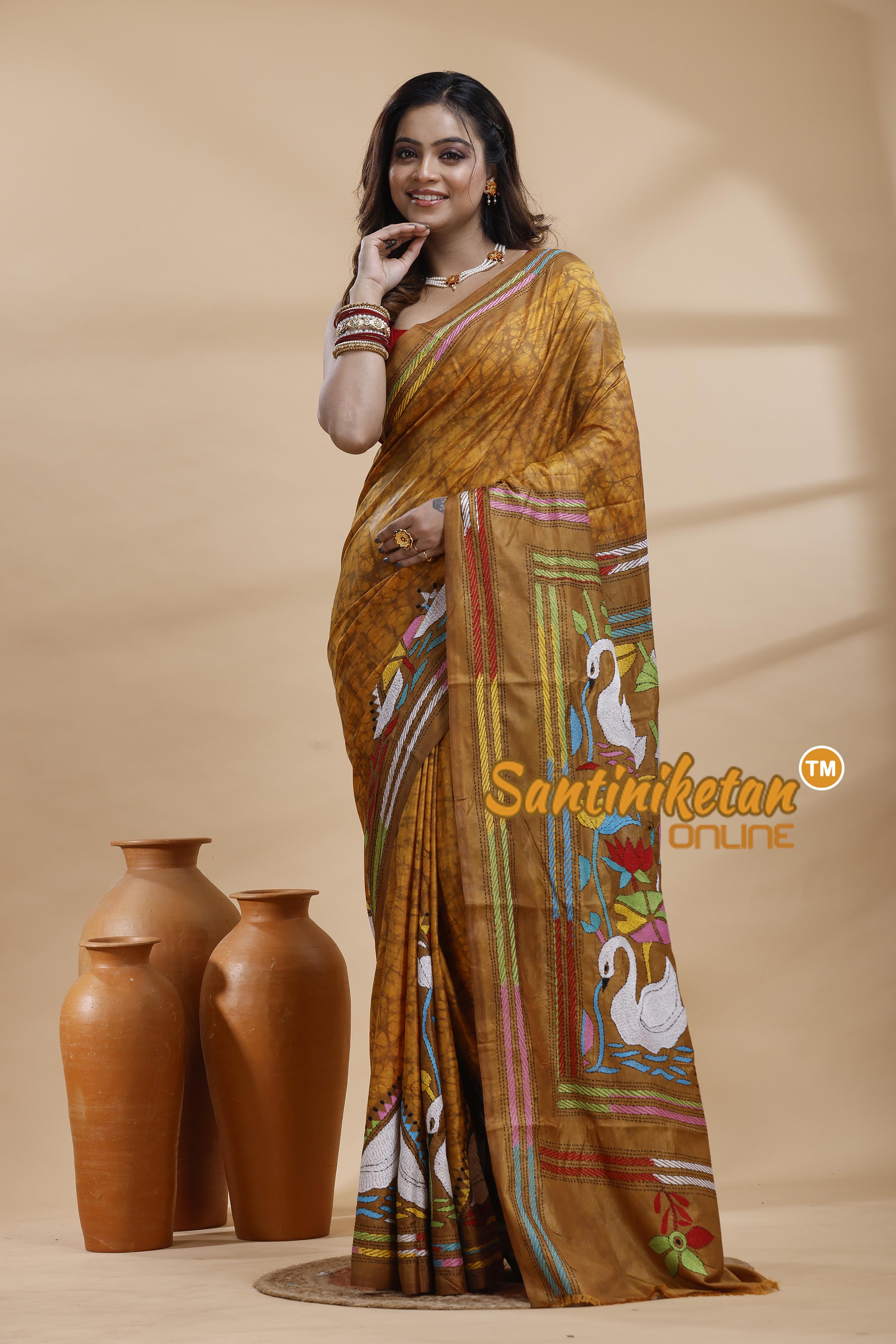 Bangalore Silk Batik Kantha Stitch Saree