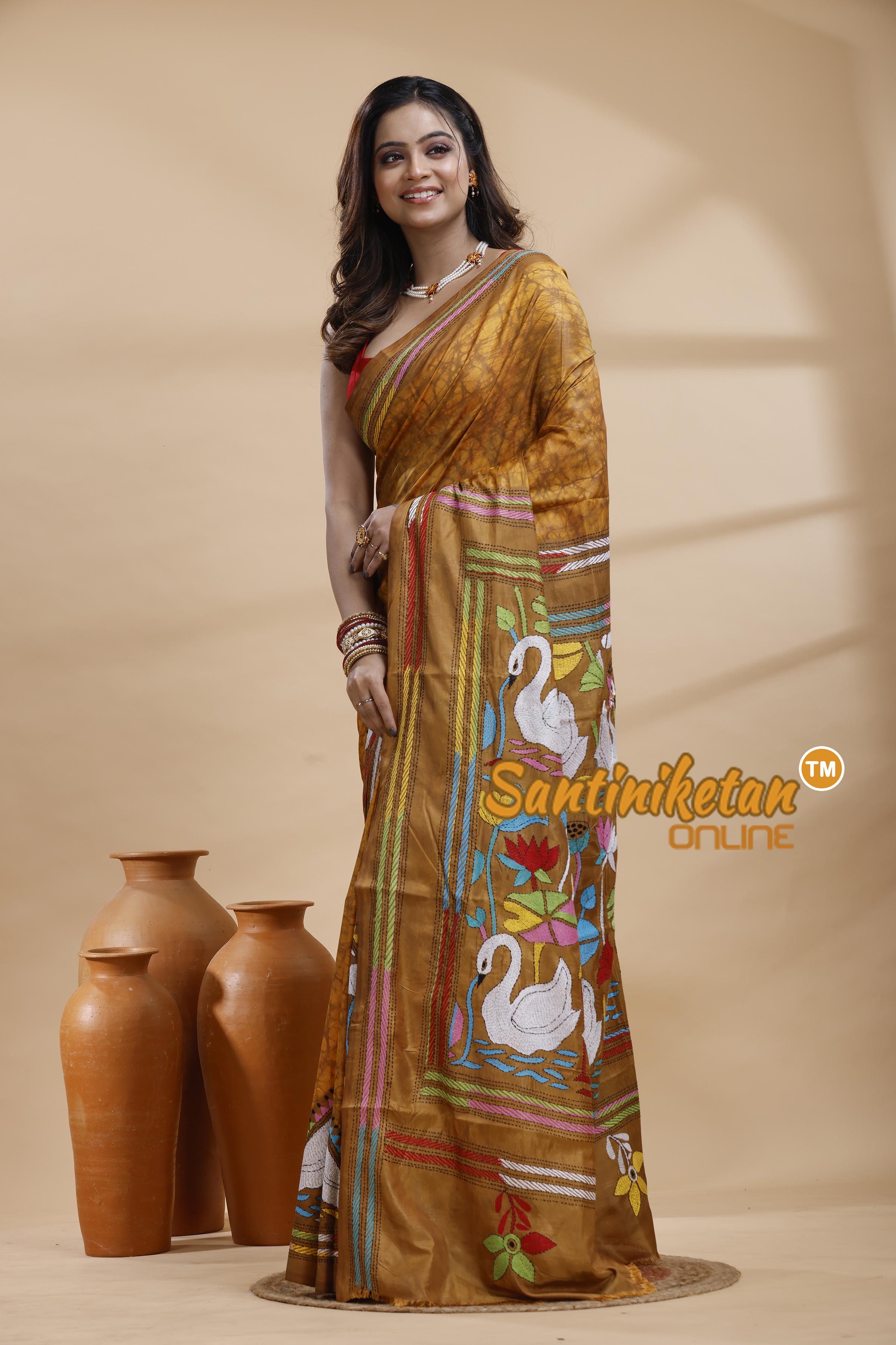 Bangalore Silk Batik Kantha Stitch Saree