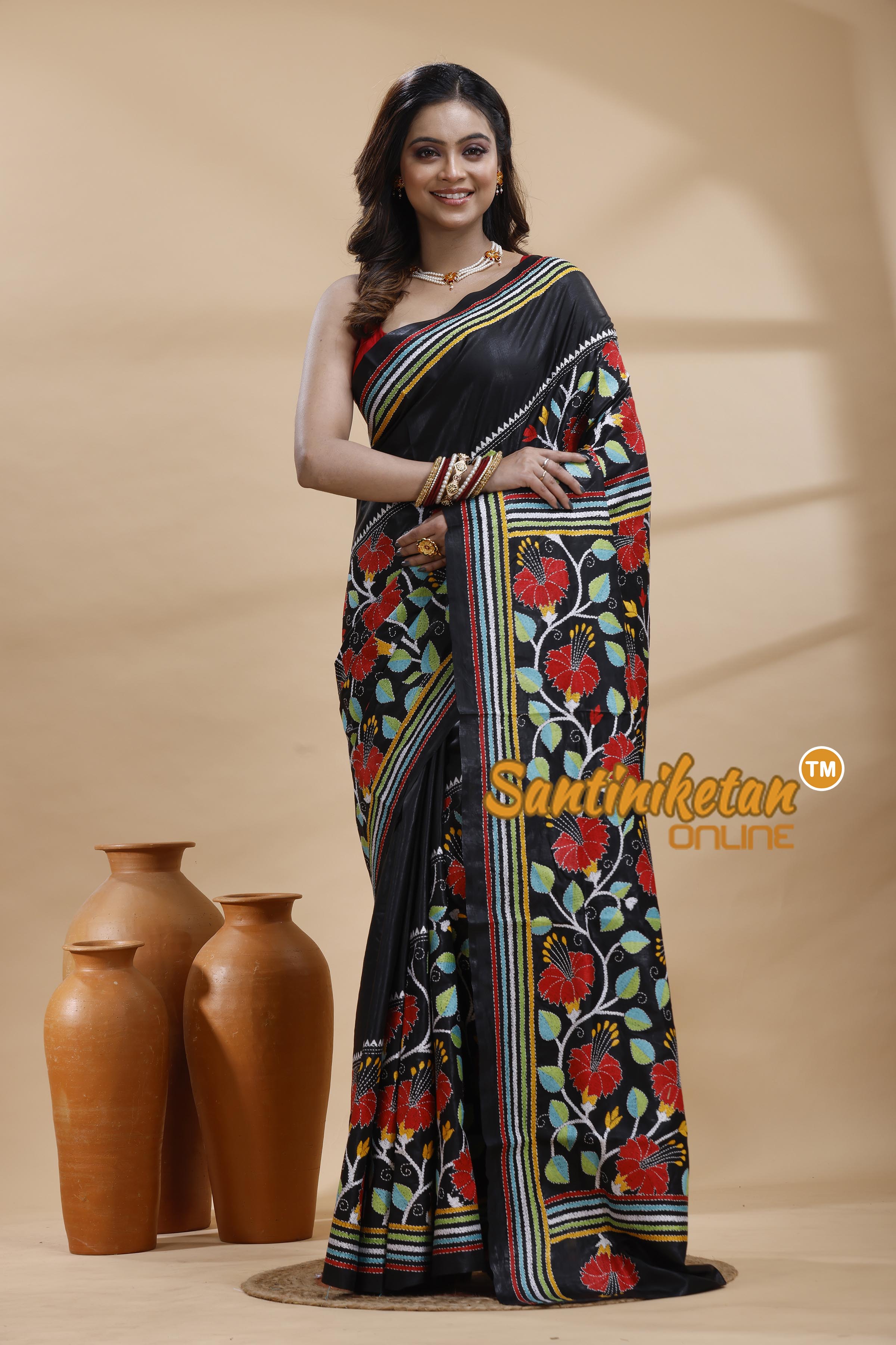 Pure Bangalore Silk Kantha Stitch Saree