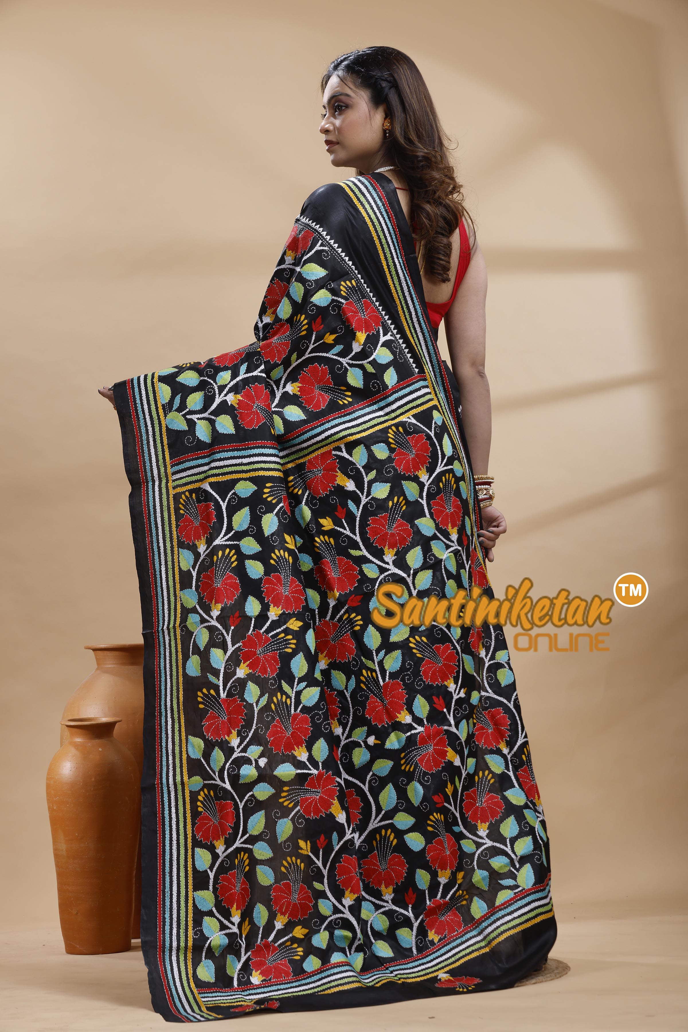 Pure Bangalore Silk Kantha Stitch Saree
