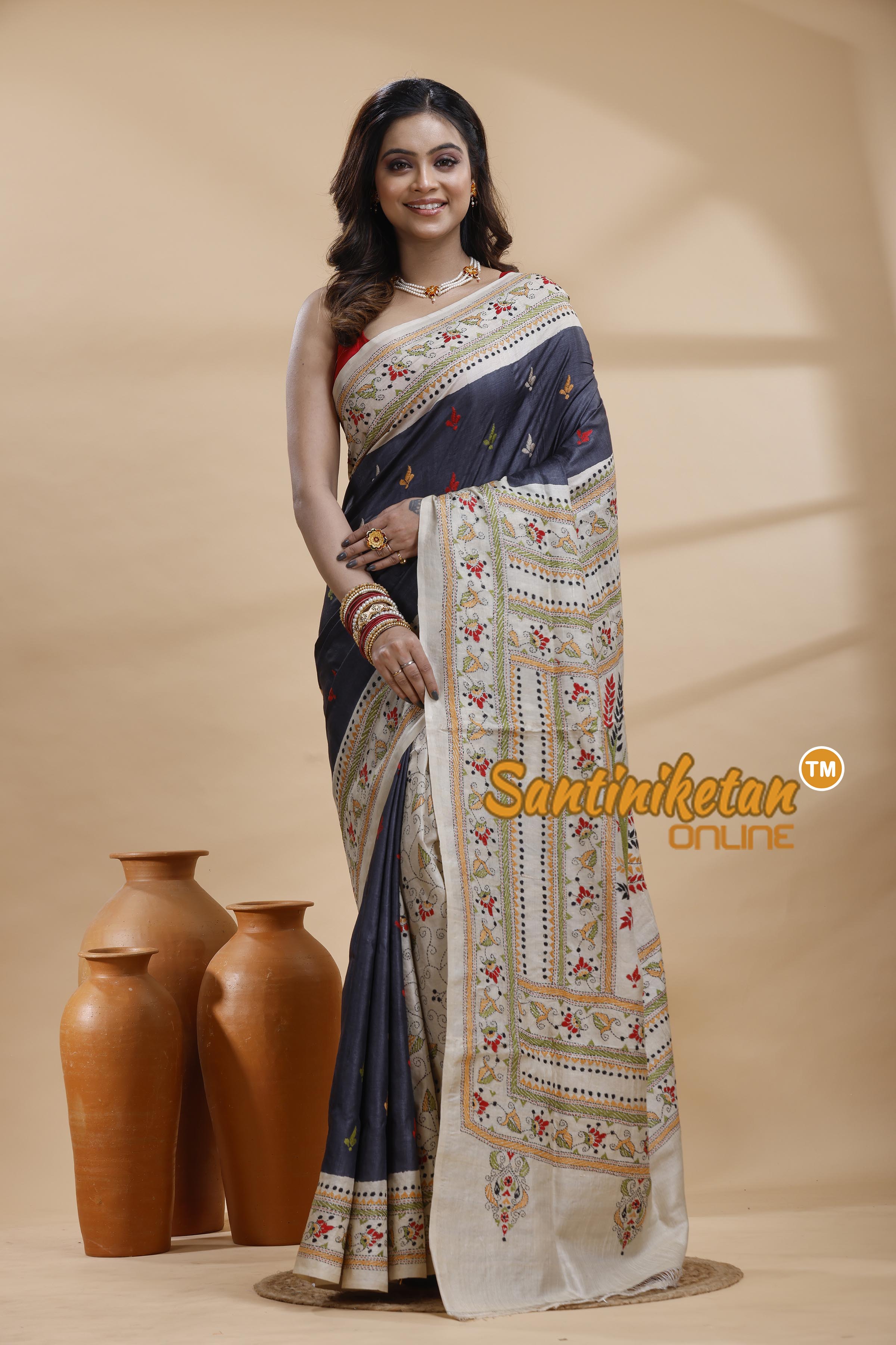 Dye Pure Gachi Tussar Silk Kantha Stitch Saree