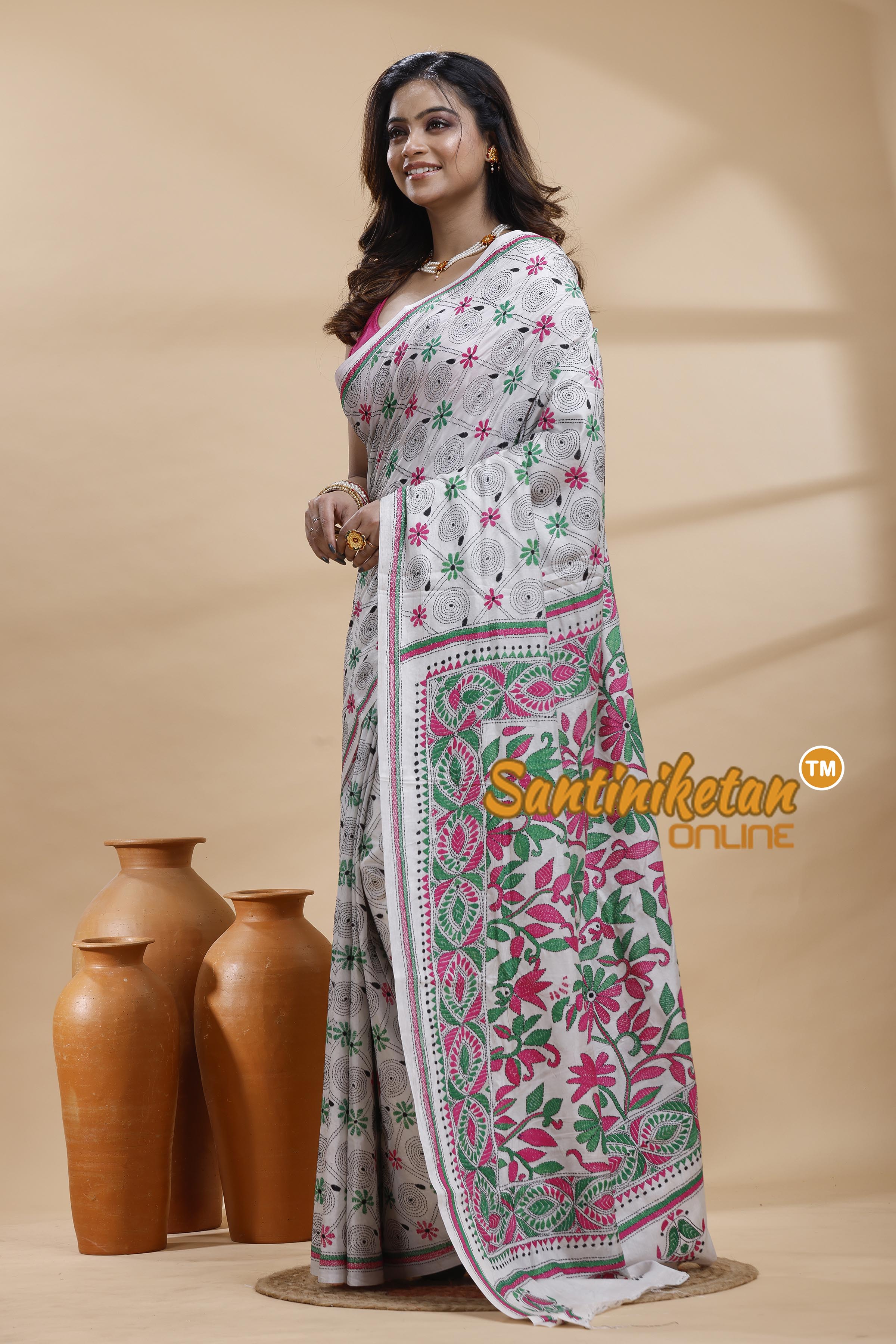 Bangalore Silk Kantha Stitch Saree
